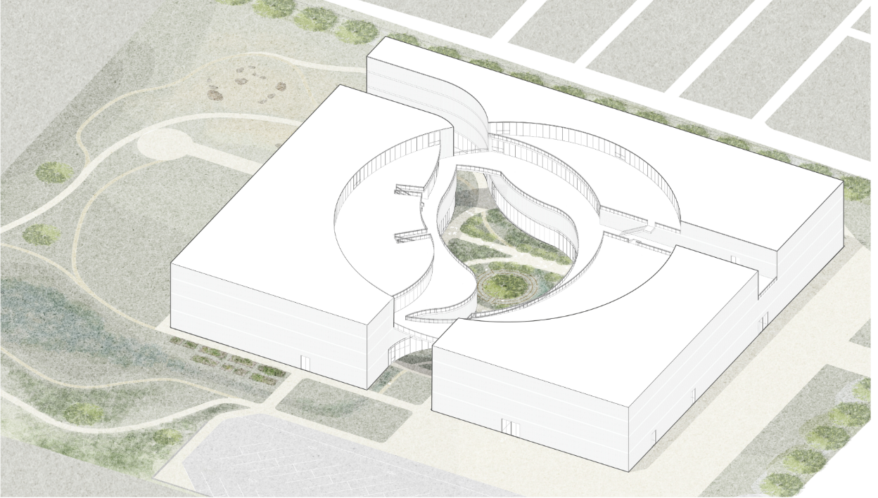 A sculptural educational architecture concept organized around openness, adaptability, and experiential learning.