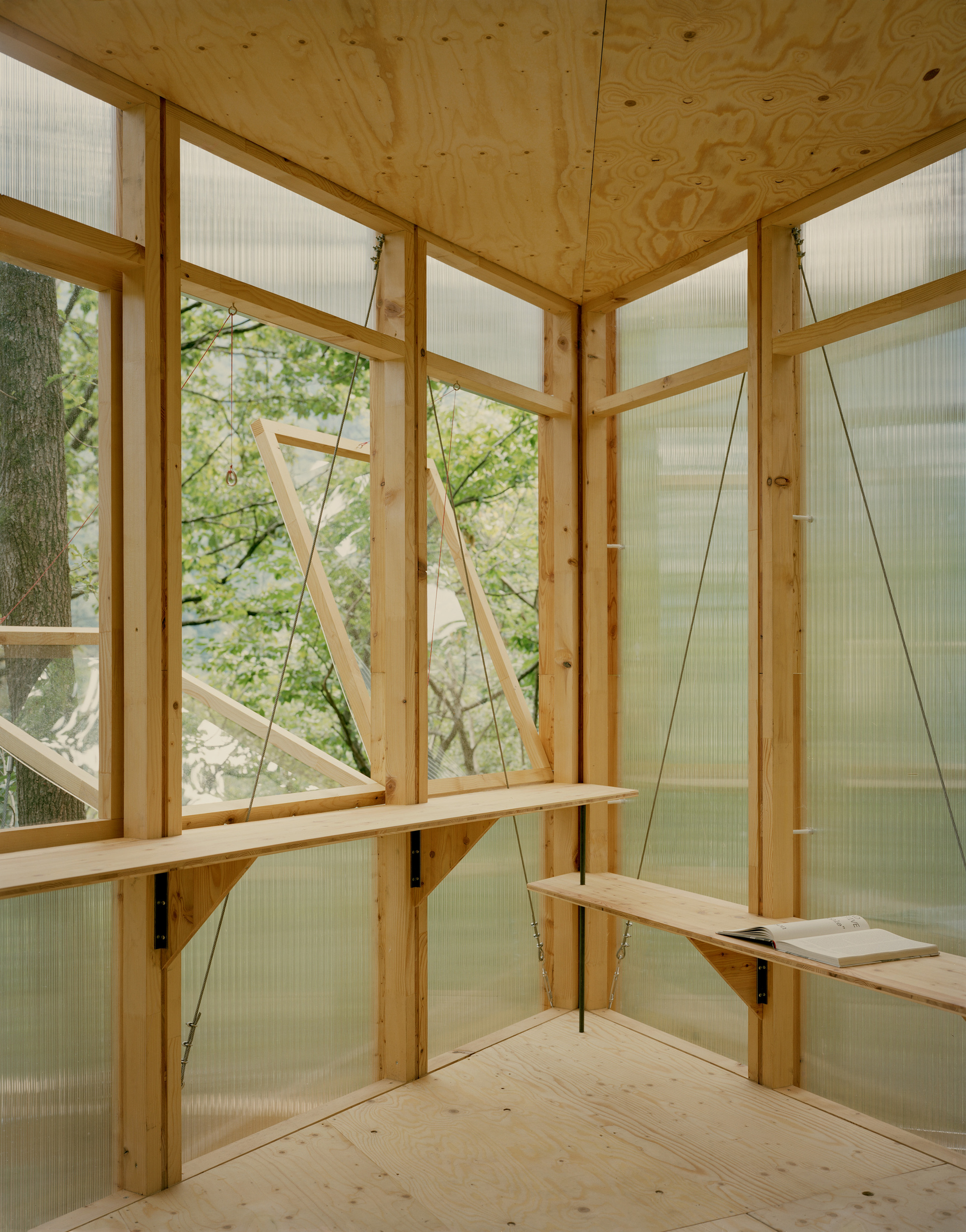 Interior view showing plywood ceiling, translucent glazing, diagonal timber bracing, and suspended shelf brackets