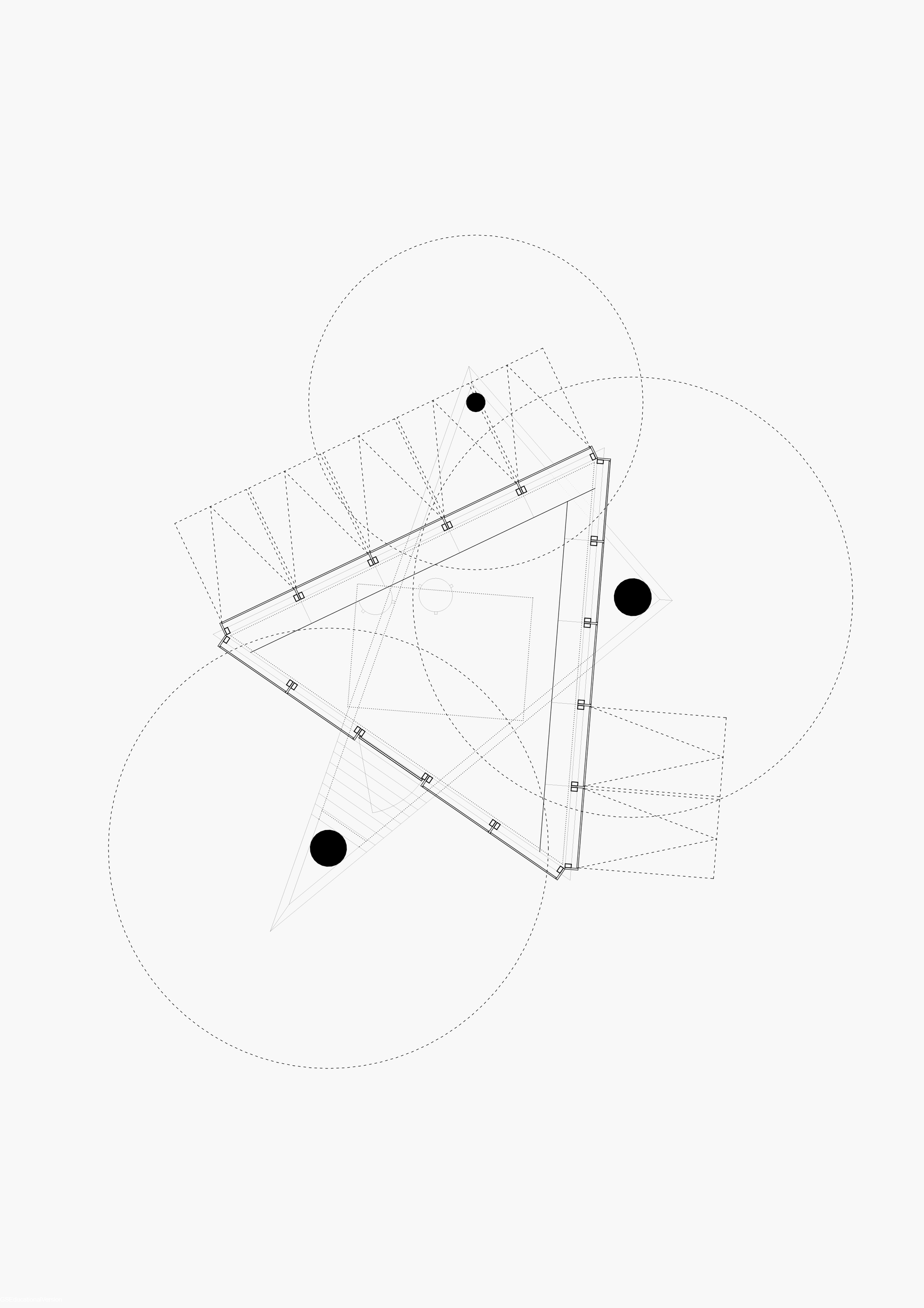 Axonometric drawing showing triangular floor plan with diagonal bracing and three circular tree trunks