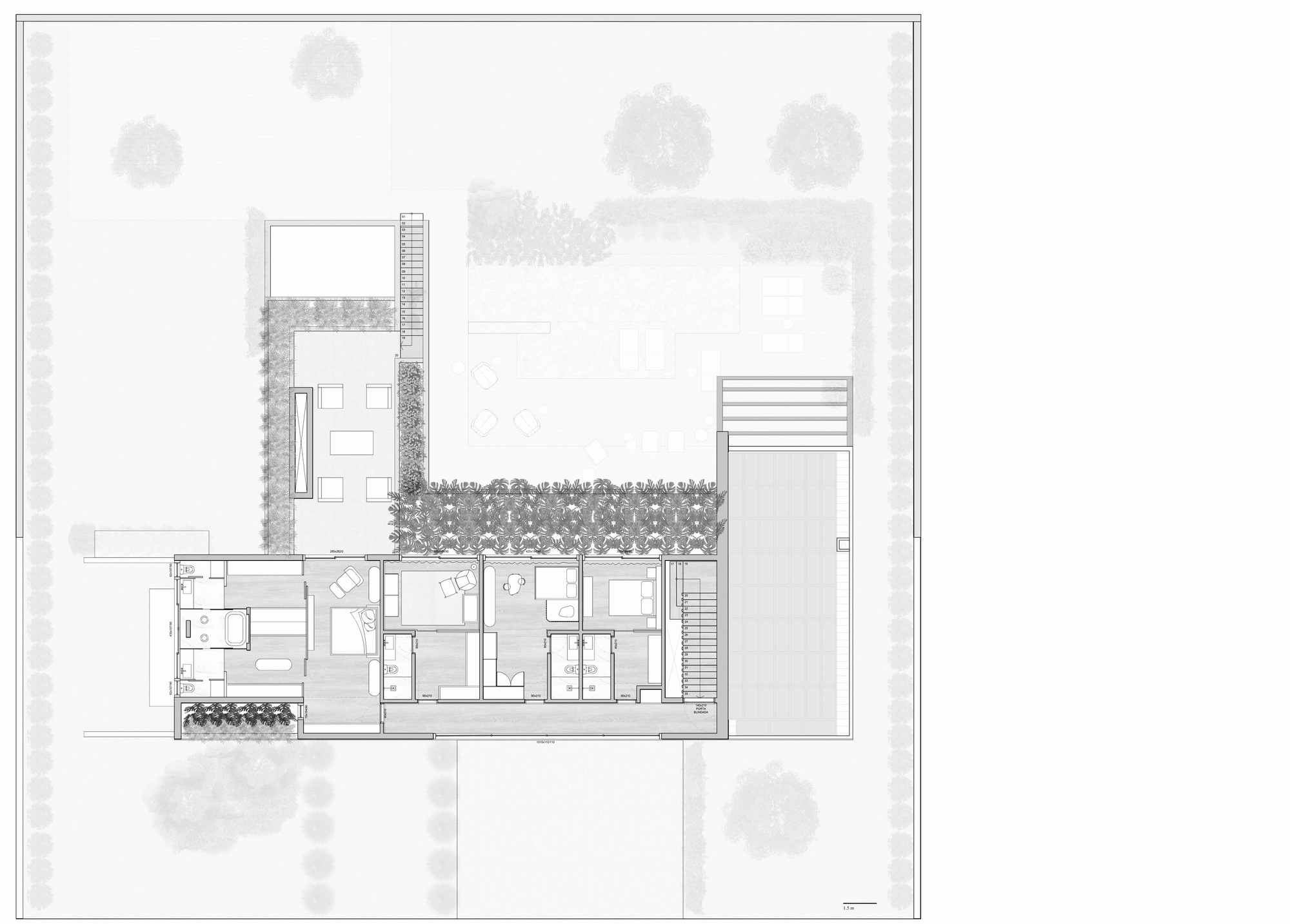 Floor plan drawing showing interior rooms adjacent to courtyard with planted buffer zone