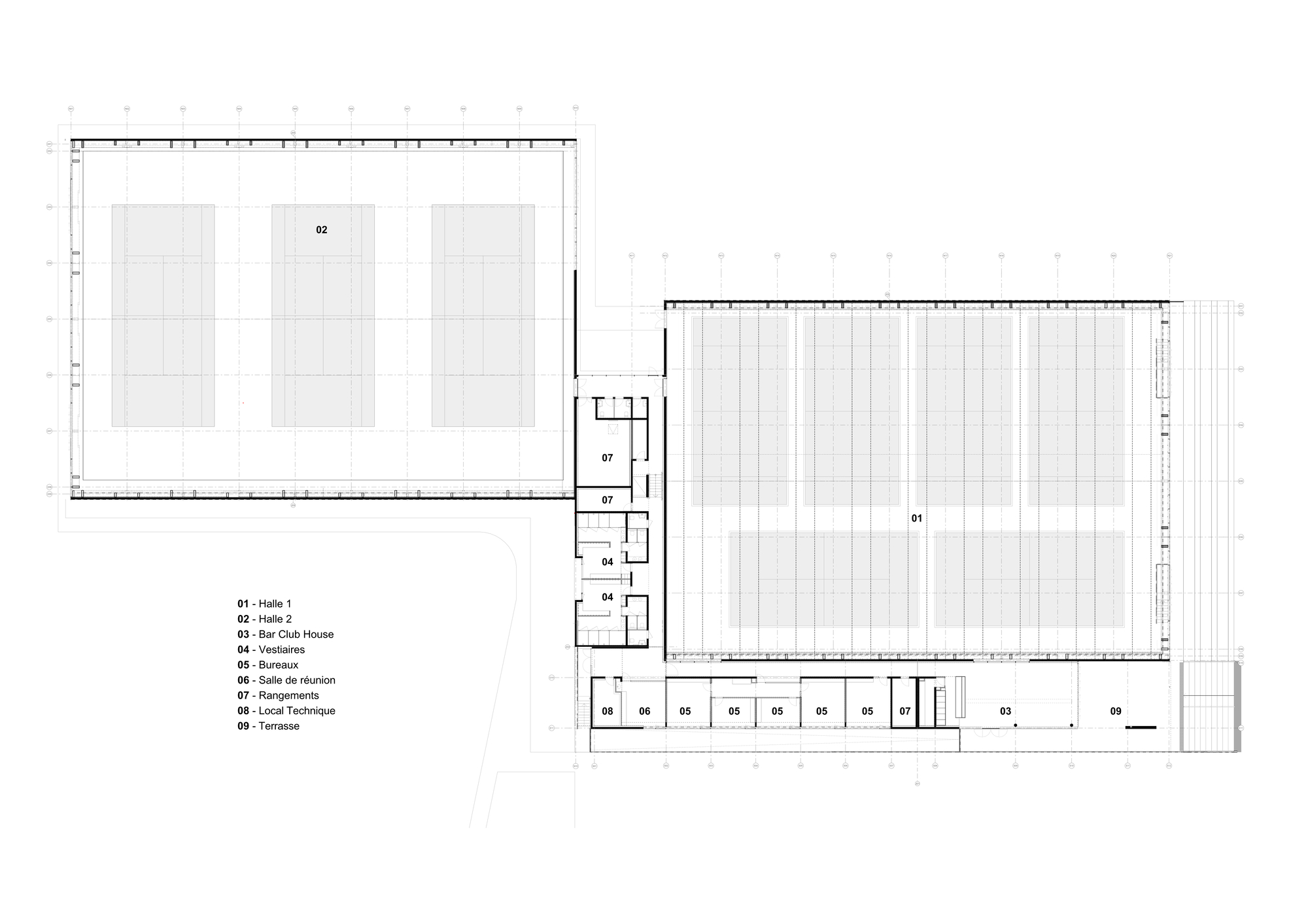 Floor plan drawing showing three rectangular hall volumes and a compact service core linking two wings