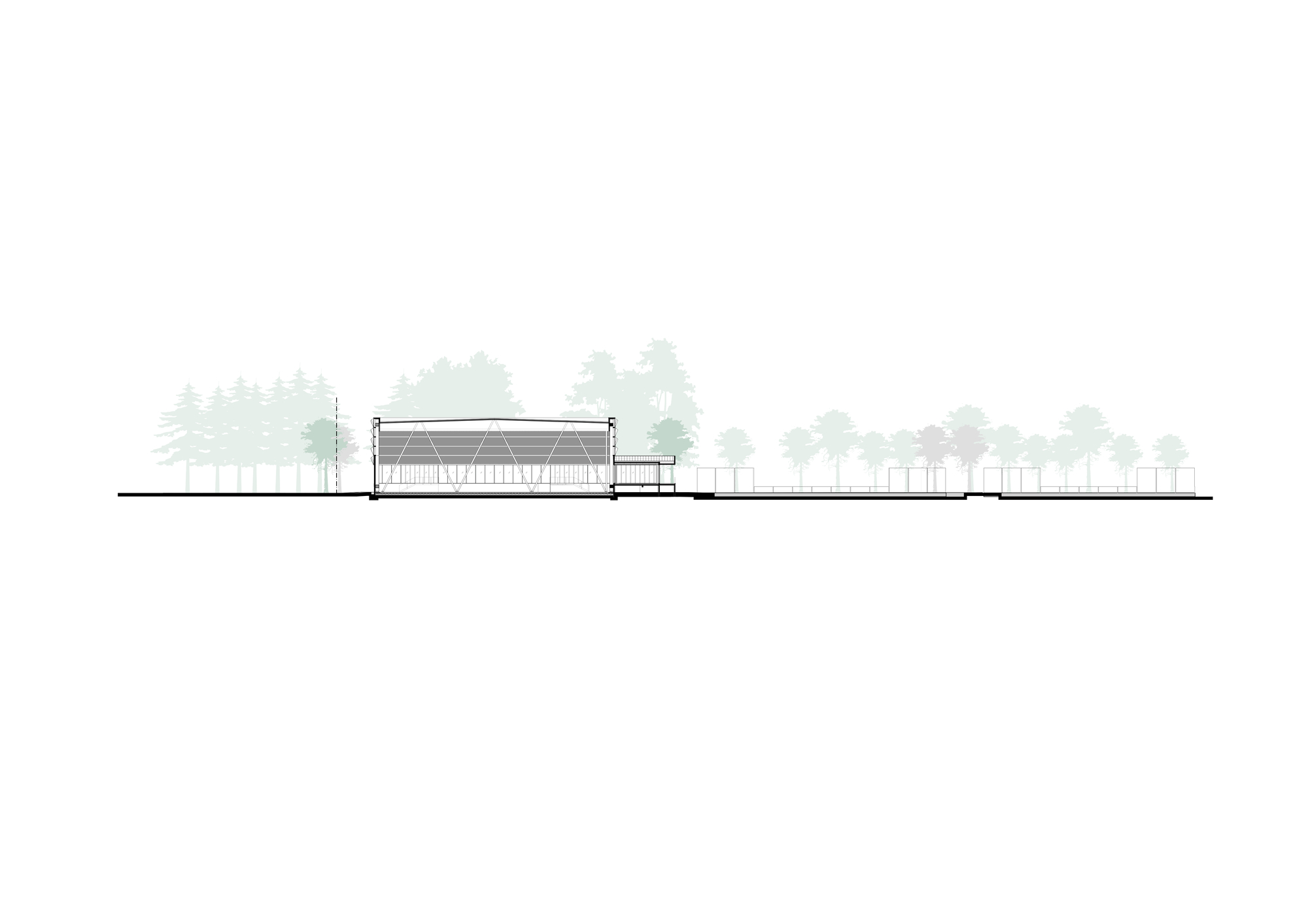 Section drawing showing a low horizontal structure with exposed truss roof set among rows of trees