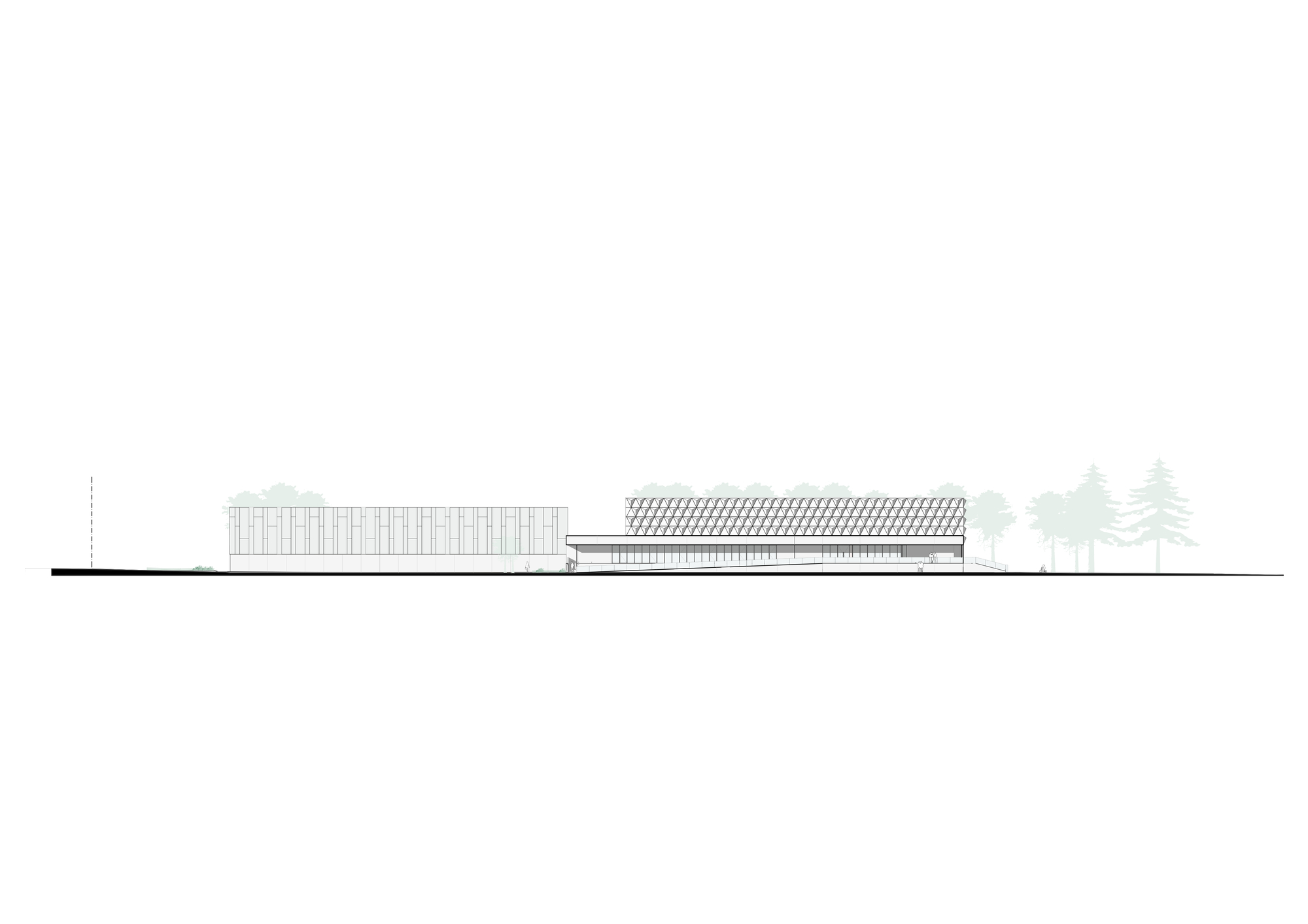 Elevation drawing showing two rectangular volumes with vertical and diagonal patterned roofing systems and perimeter trees