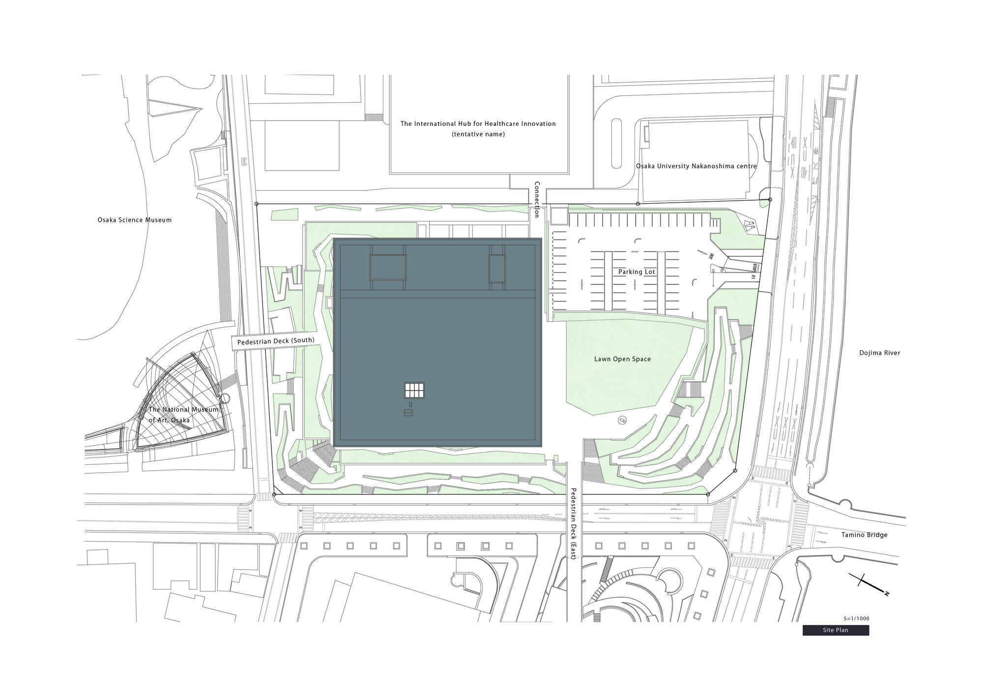 Site plan drawing showing square building footprint surrounded by parking areas and landscaped zones