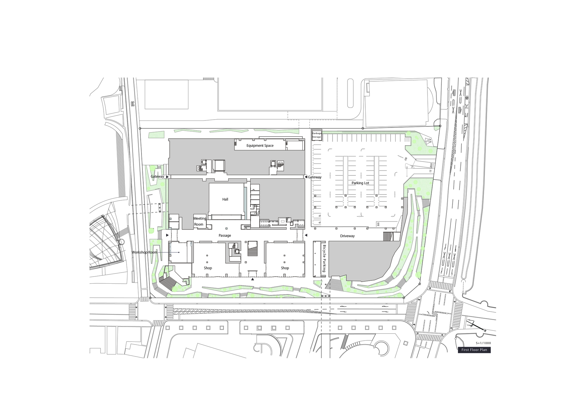 Ground floor plan drawing showing entrance hall and multipurpose spaces arranged around central courtyard