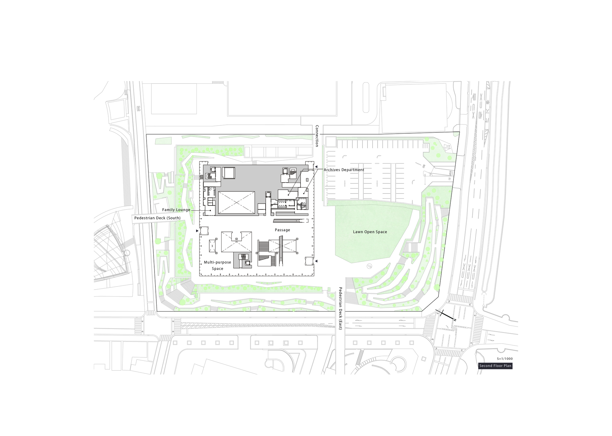 First floor plan drawing depicting exhibition rooms and archive department around central void