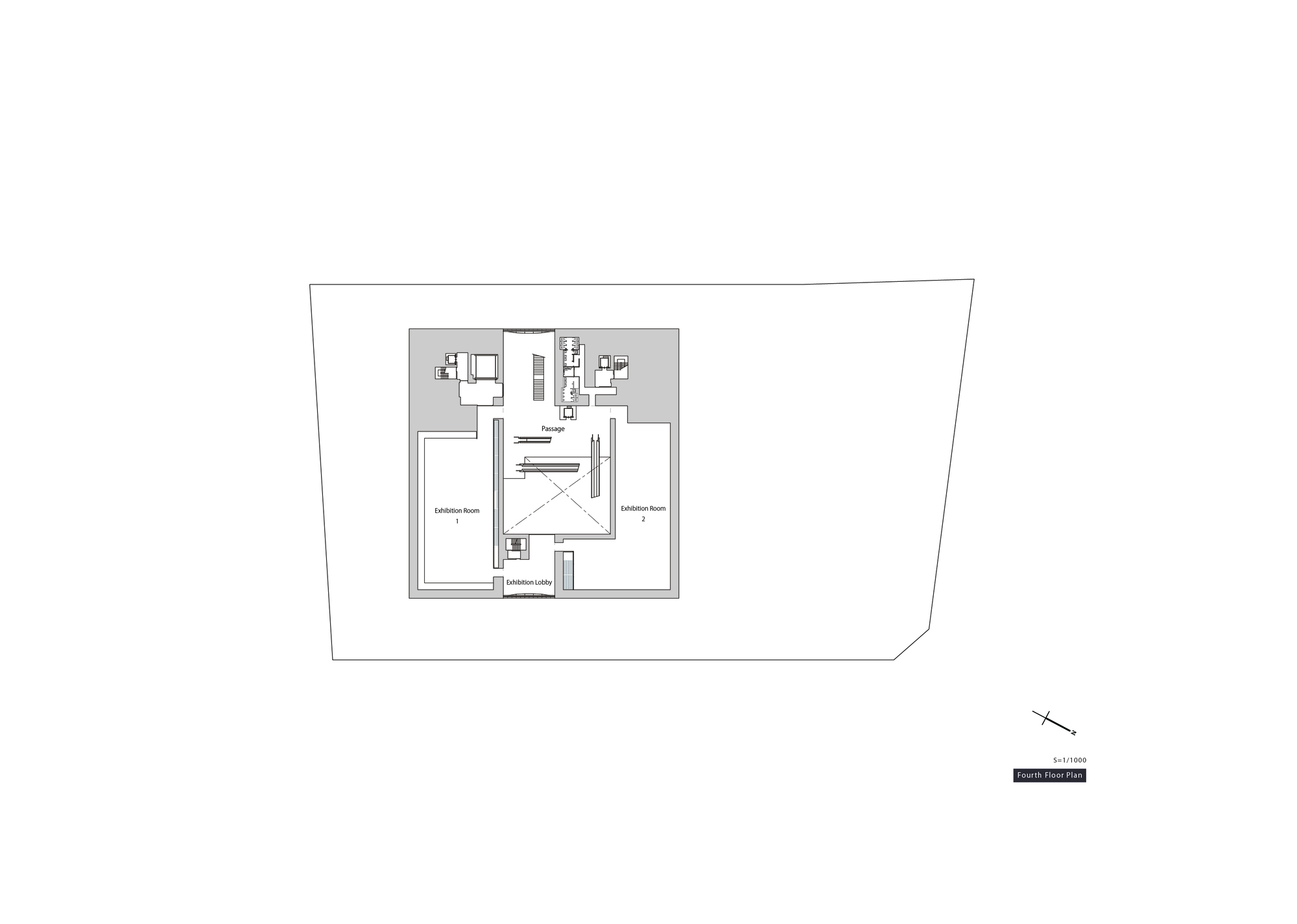 Basement floor plan drawing illustrating two large exhibition rooms flanking central service core