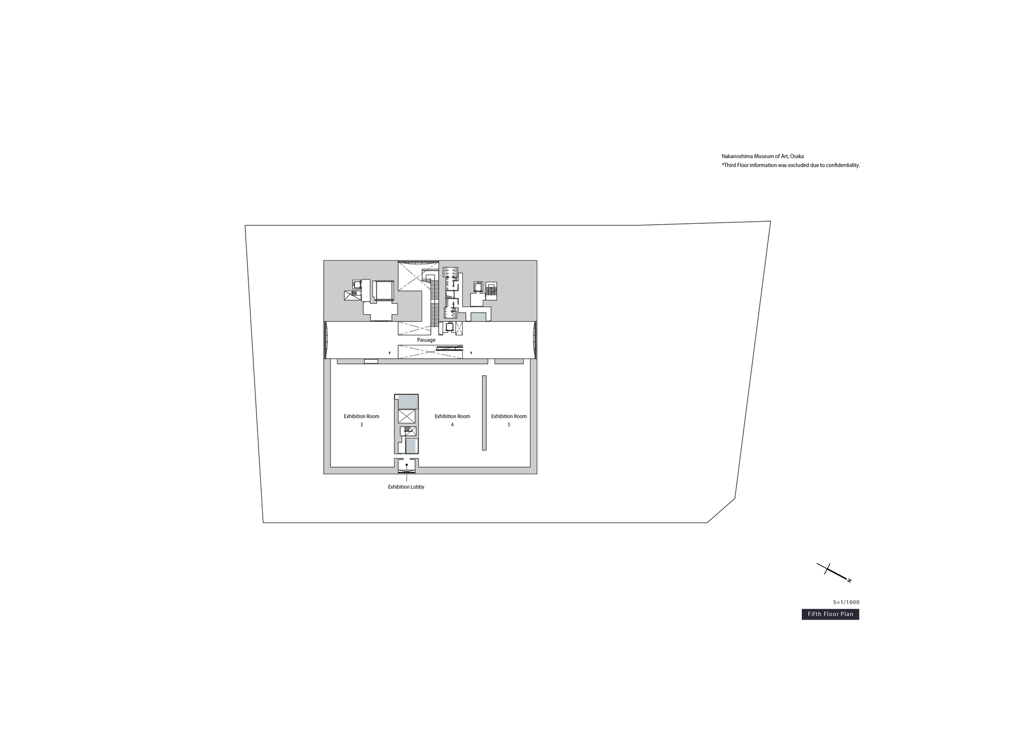 Mezzanine floor plan drawing showing three exhibition rooms with central circulation and vertical connection