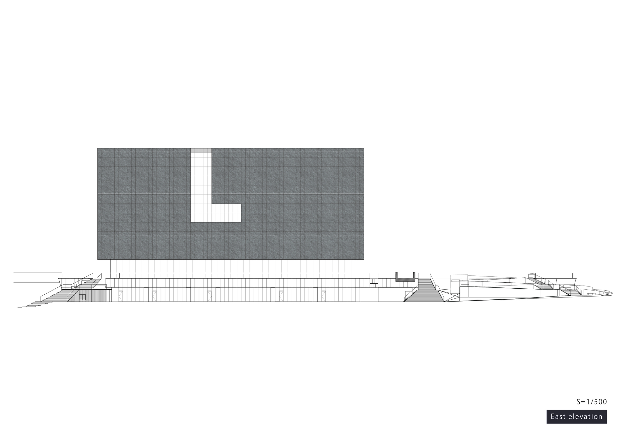East elevation drawing showing a tall rectangular volume above a low horizontal base with stairs