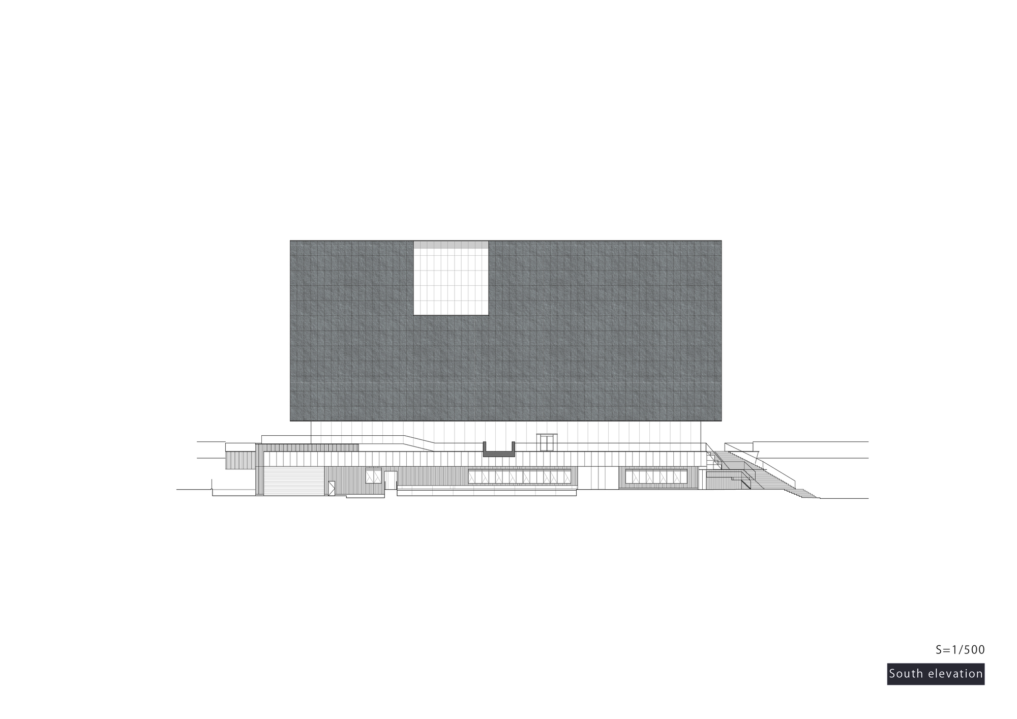 South elevation drawing depicting a gridded roof mass with a central void over a terraced plinth