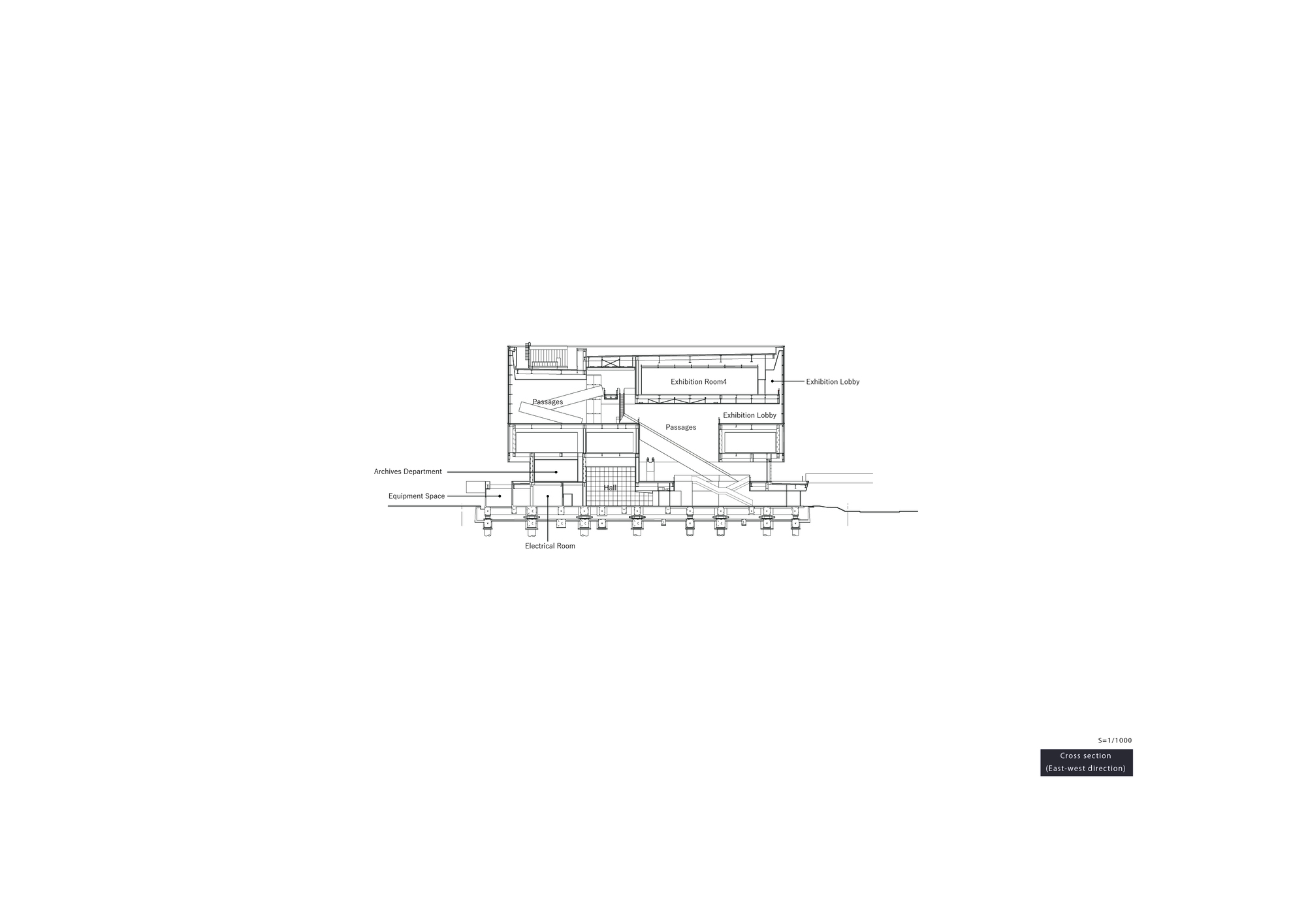East-west section drawing revealing multiple interior levels with labeled exhibition and archive spaces