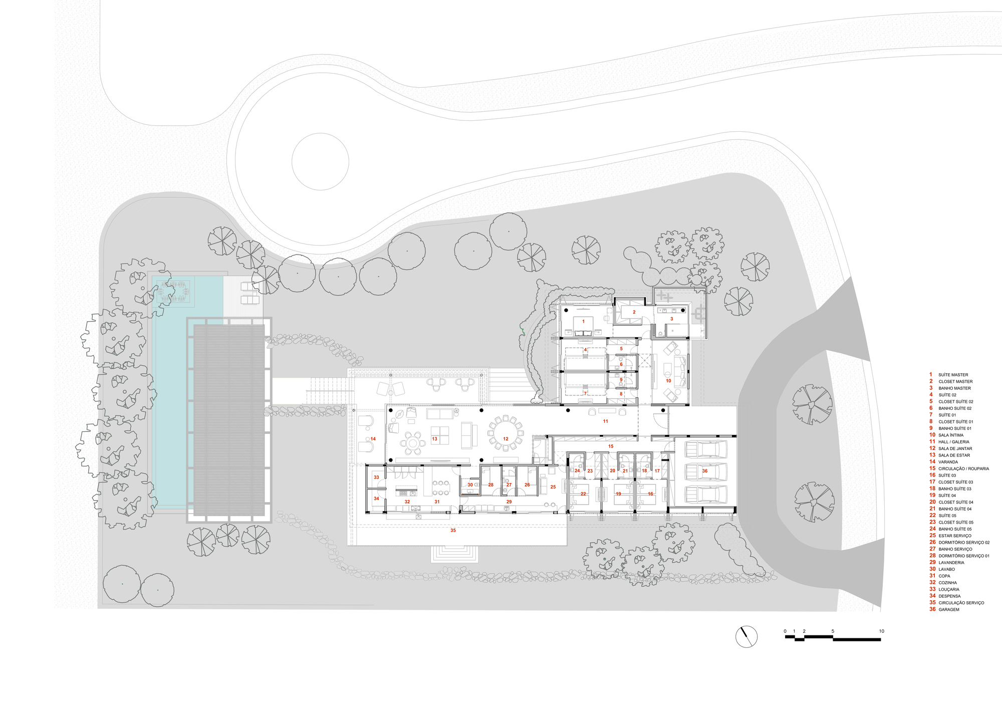Site plan drawing showing the full compound with pool, multiple buildings, and surrounding landscape elements