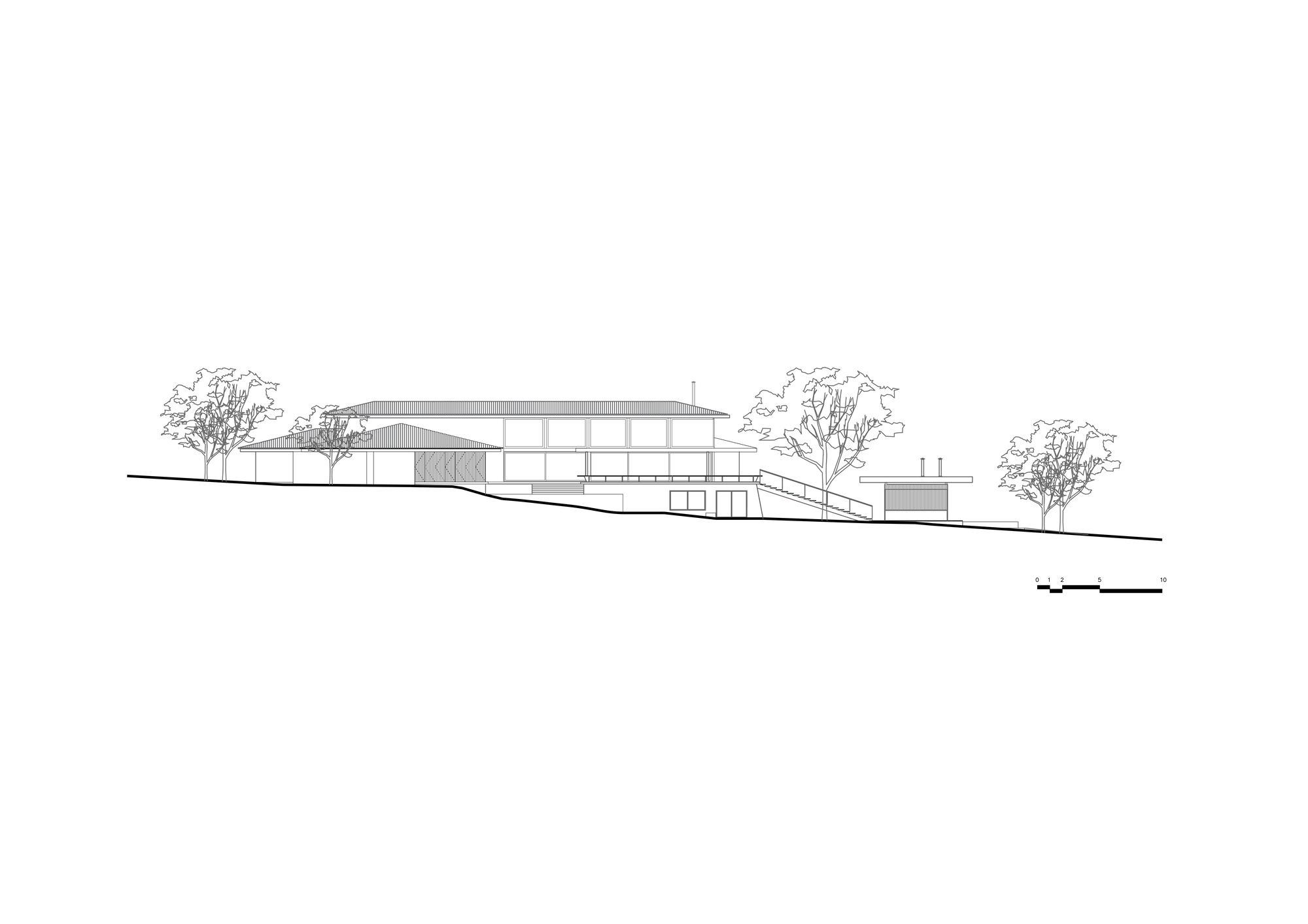 Elevation drawing showing the horizontal massing with overhanging rooflines and scattered trees in the landscape