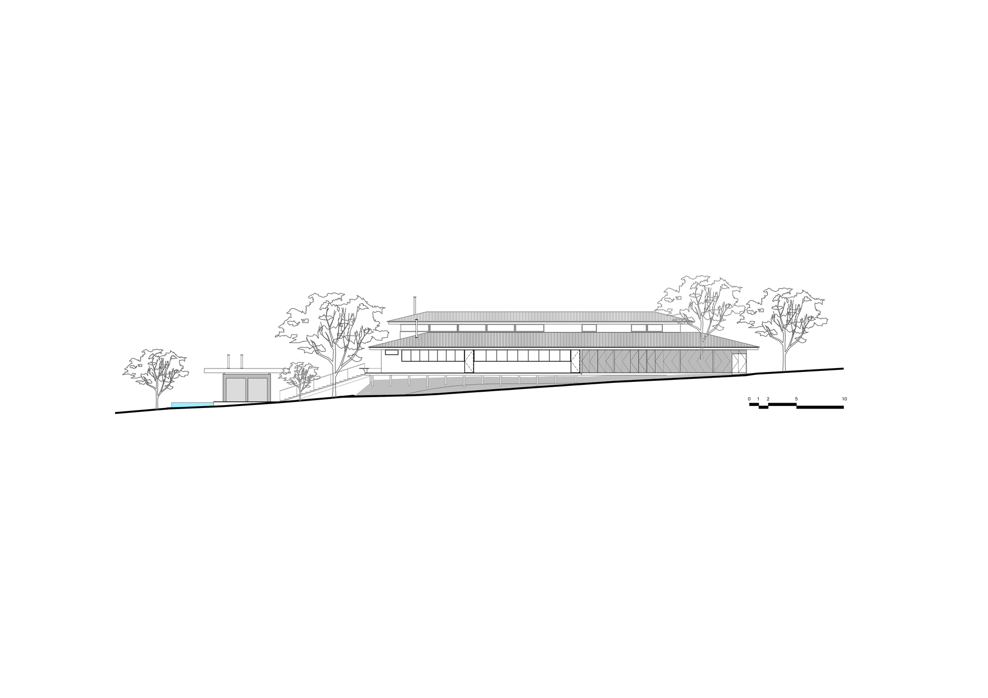 Elevation drawing showing a horizontal structure with flat roofs positioned on a sloping site among trees