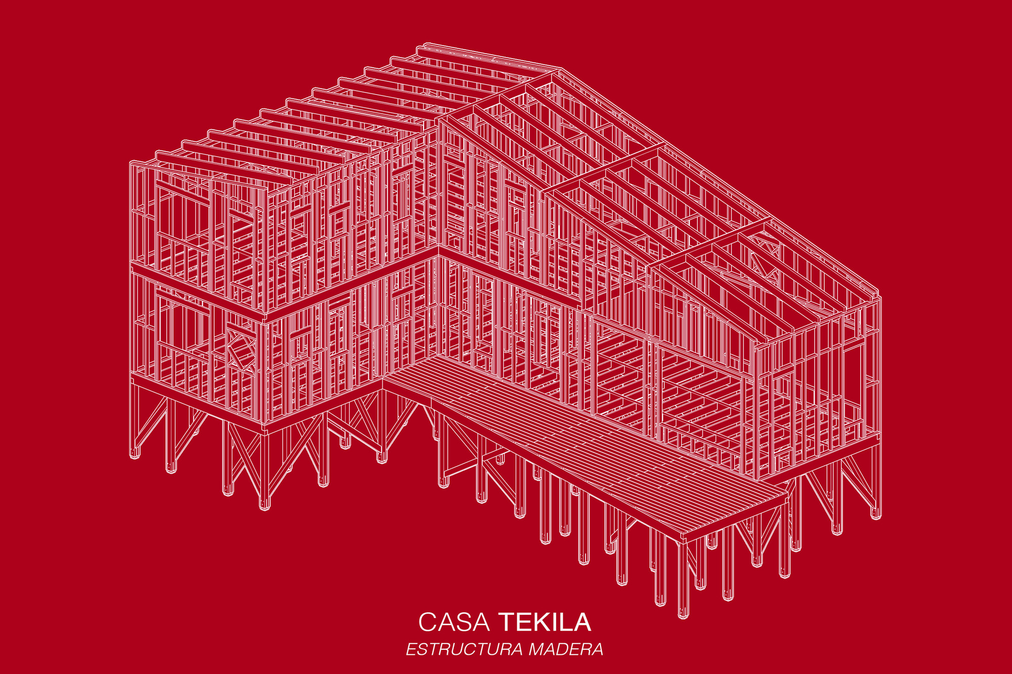 Axonometric drawing illustrating the timber frame structural system with exposed joists and diagonal bracing
