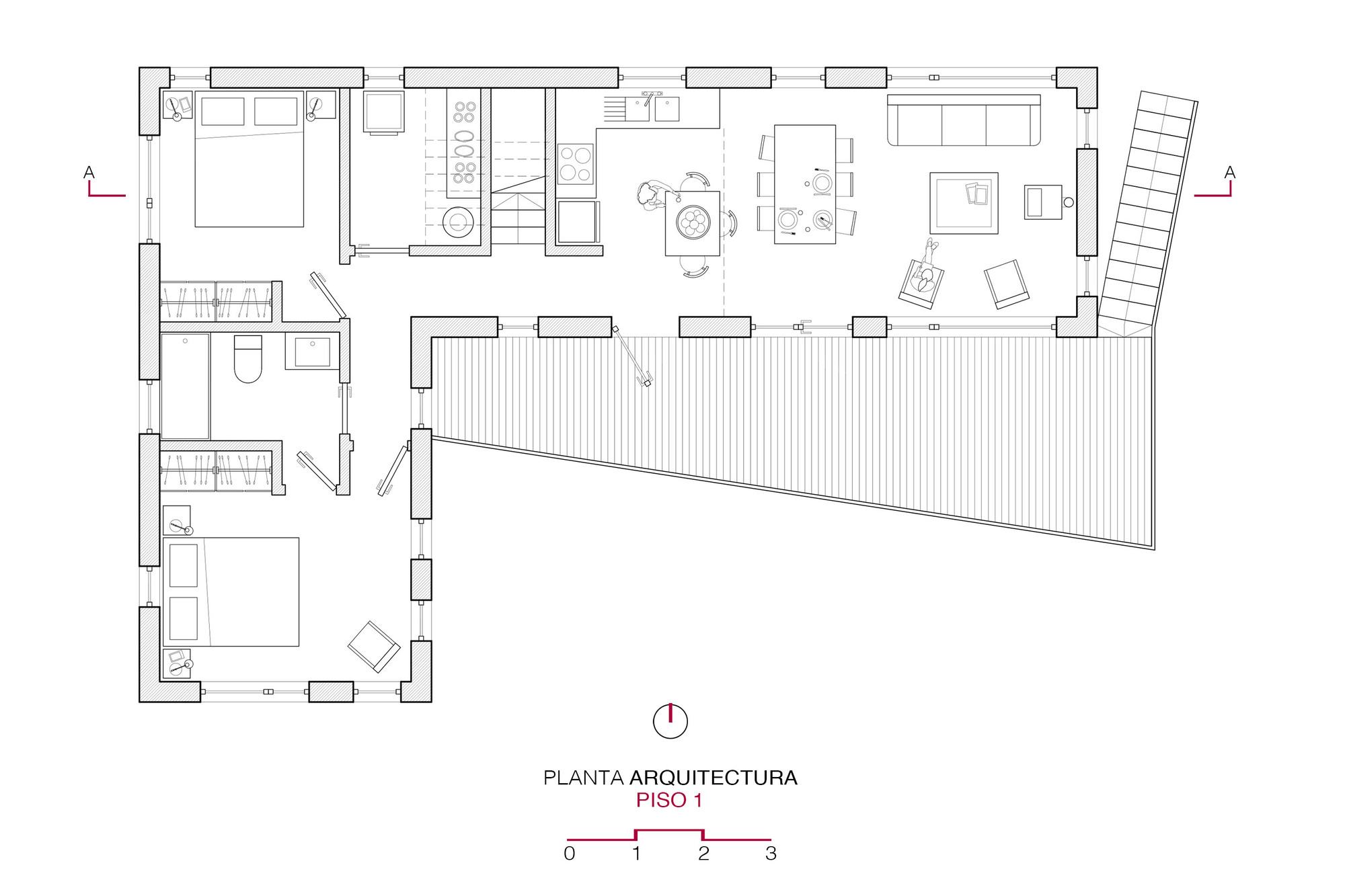 Floor plan drawing showing two bedrooms and an open living area with an angled deck extending to the right