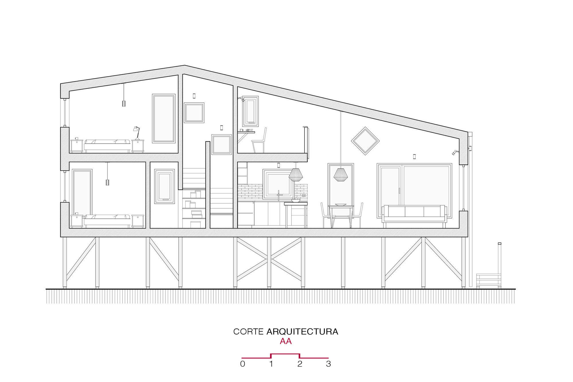 Section drawing showing the split-level interior arrangement on a raised timber platform with cross-braced supports