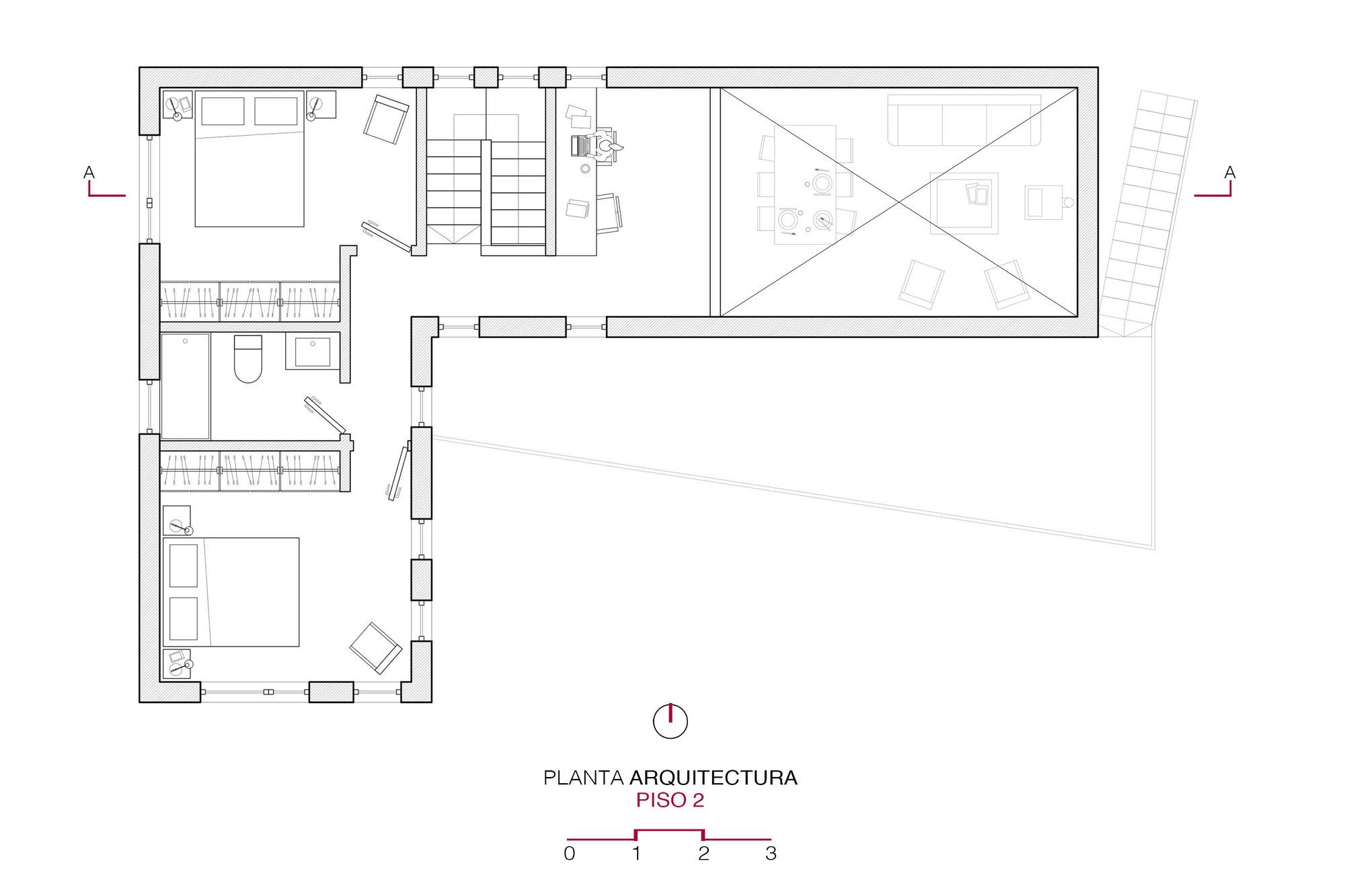 Second floor plan drawing showing bedroom spaces and a double-height void overlooking the main living area