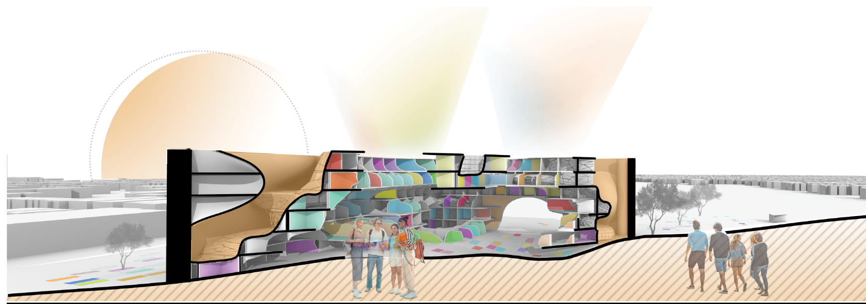 The conceptual section reveals a layered educational ecosystem shaped by topography, light, interaction, and adaptable learning environments.