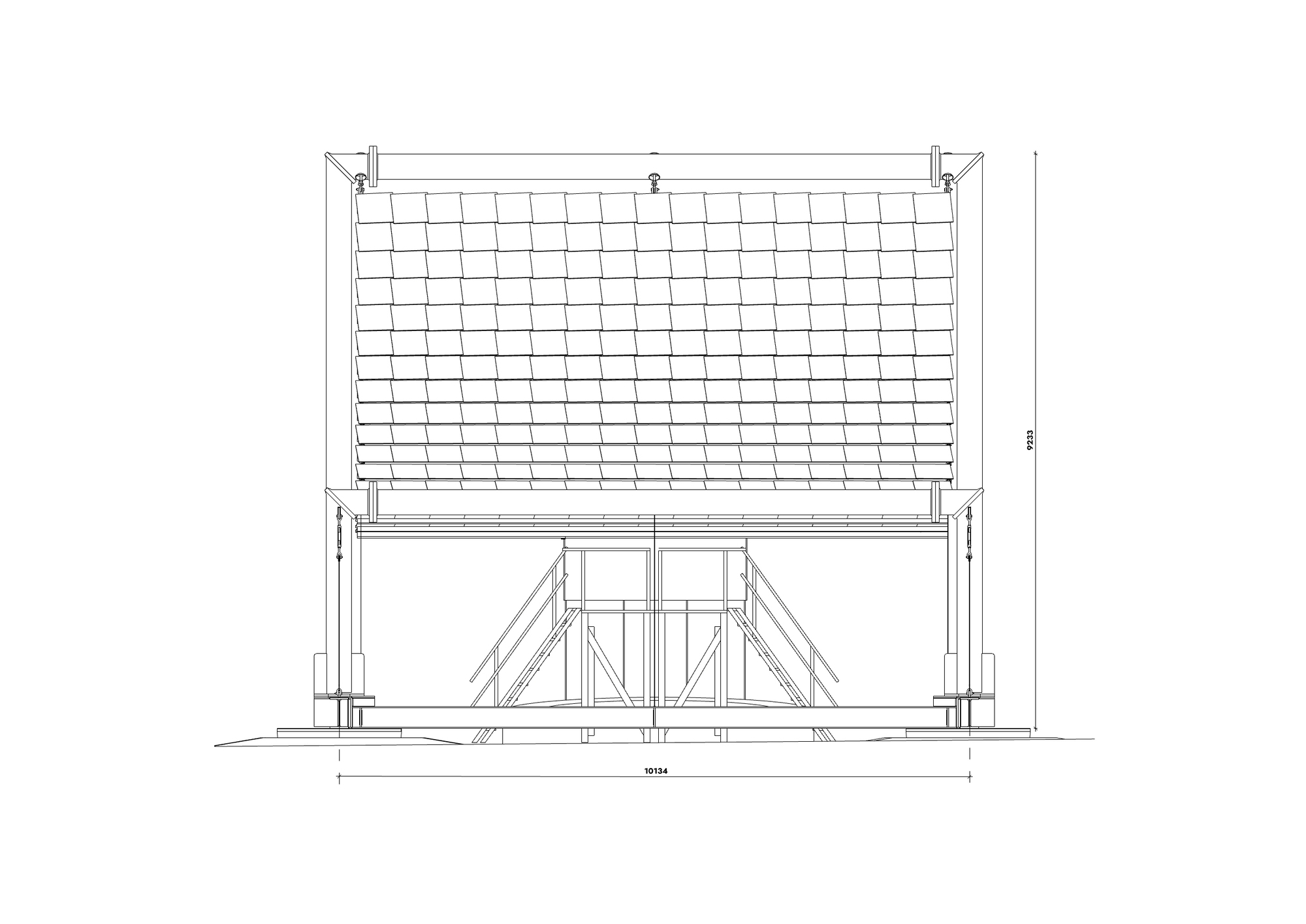 Elevation drawing of a pavilion with a draped grid canopy spanning between two support frames