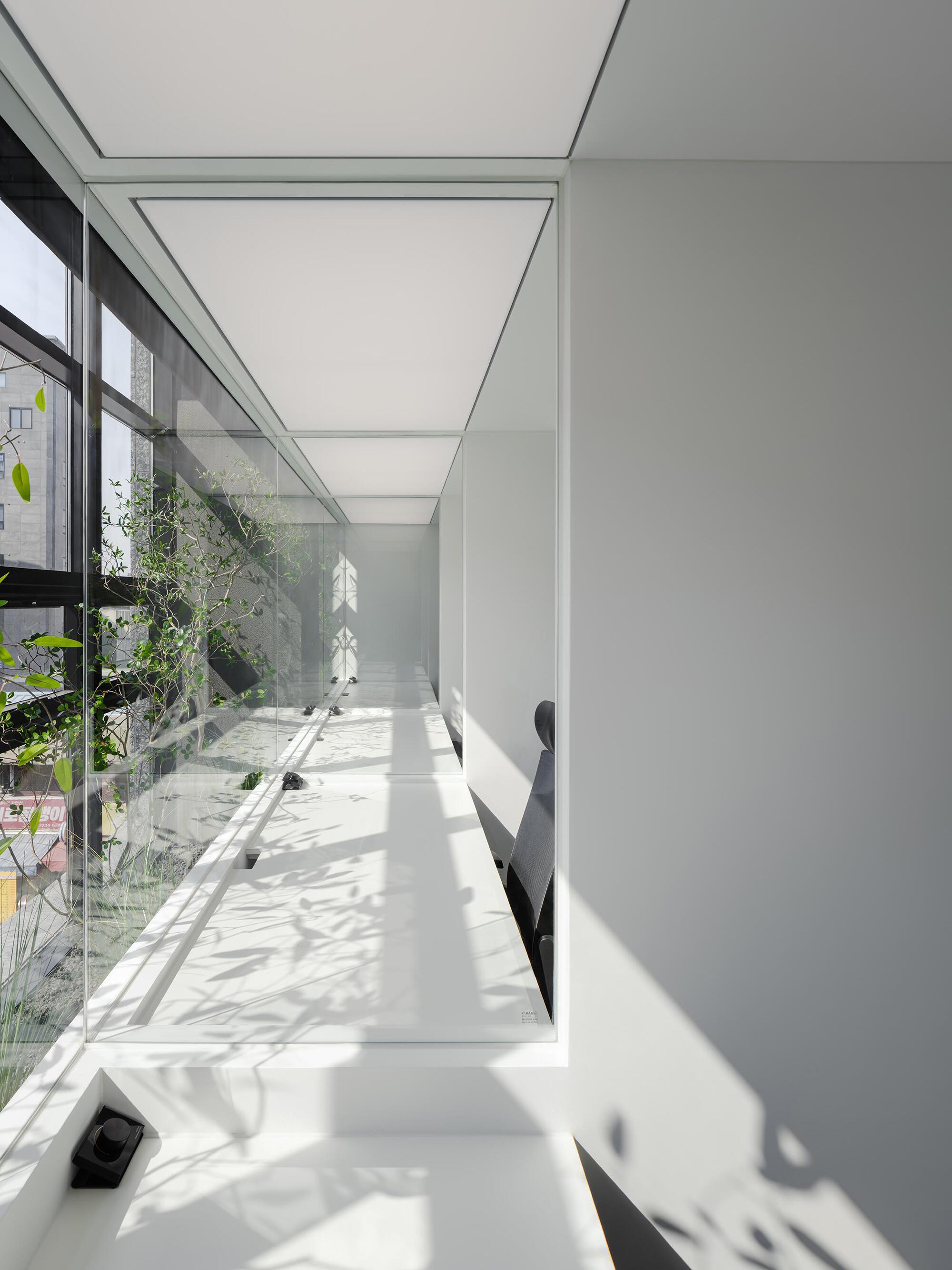 White workspace table alongside planted glazing with dappled sunlight filtering through tree branches