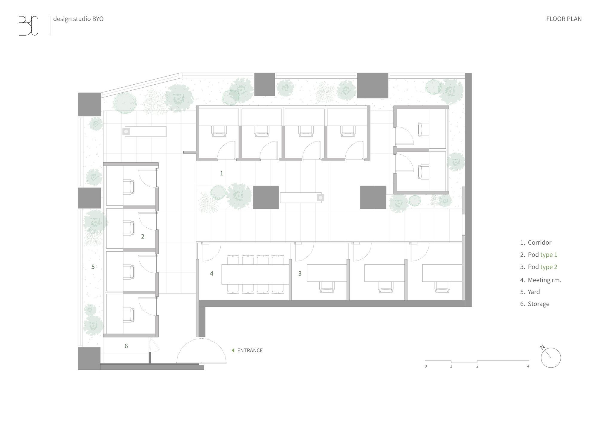 Floor plan drawing showing office pods surrounding a central meeting area with planted courtyards