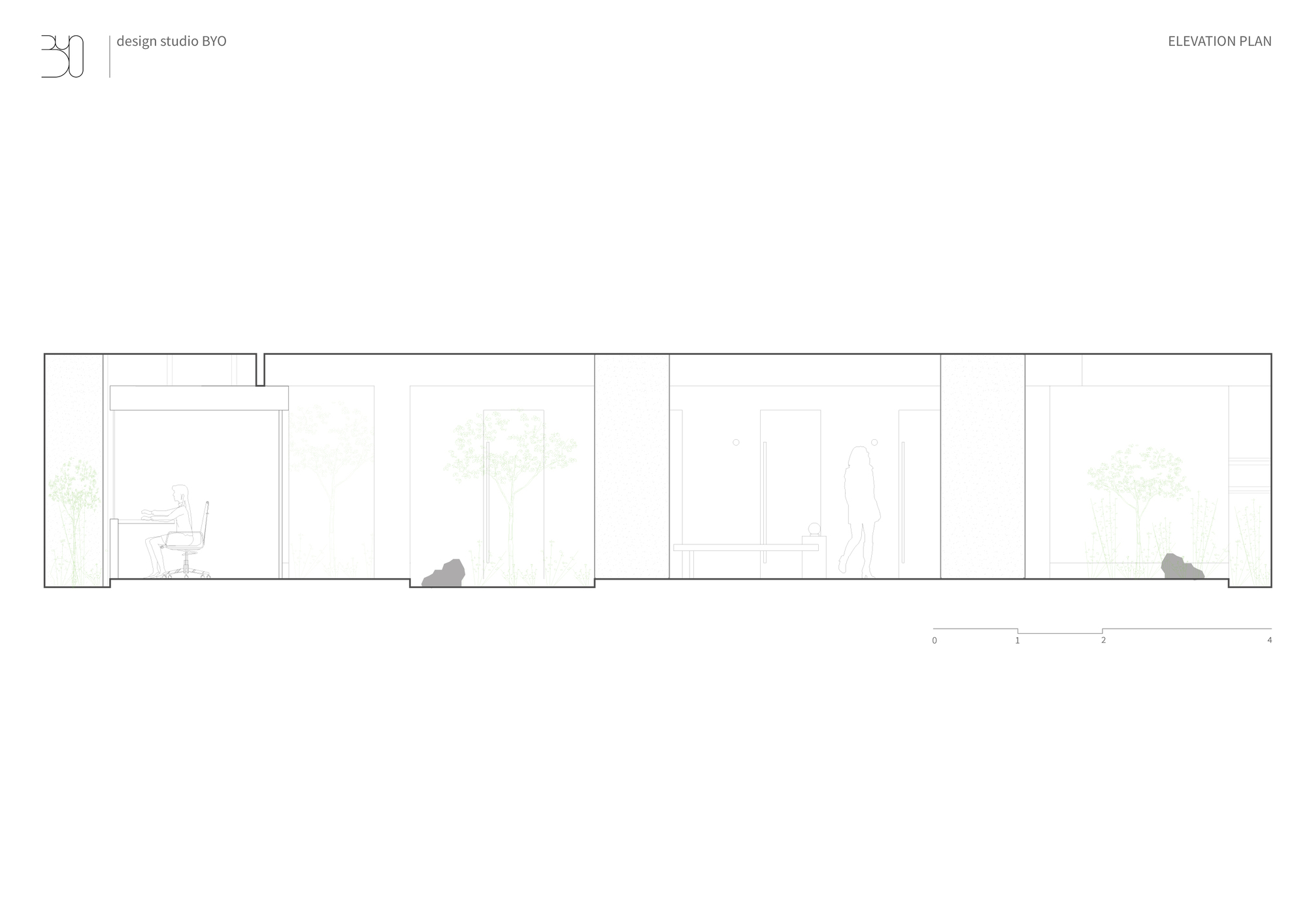Elevation drawing showing office rooms with transparent partitions and human figure silhouettes
