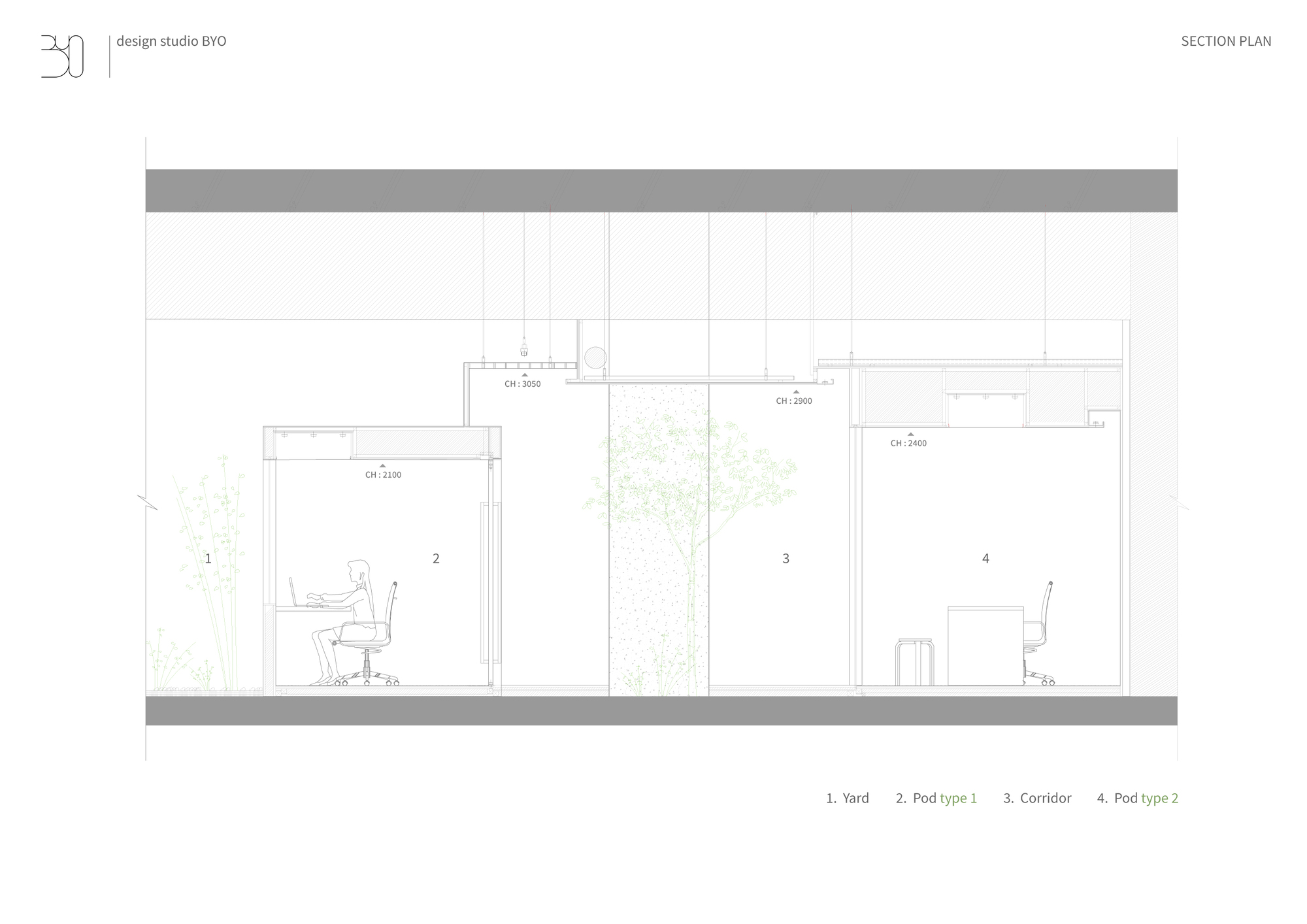 Section drawing depicting individual work pods separated by a planted atrium space