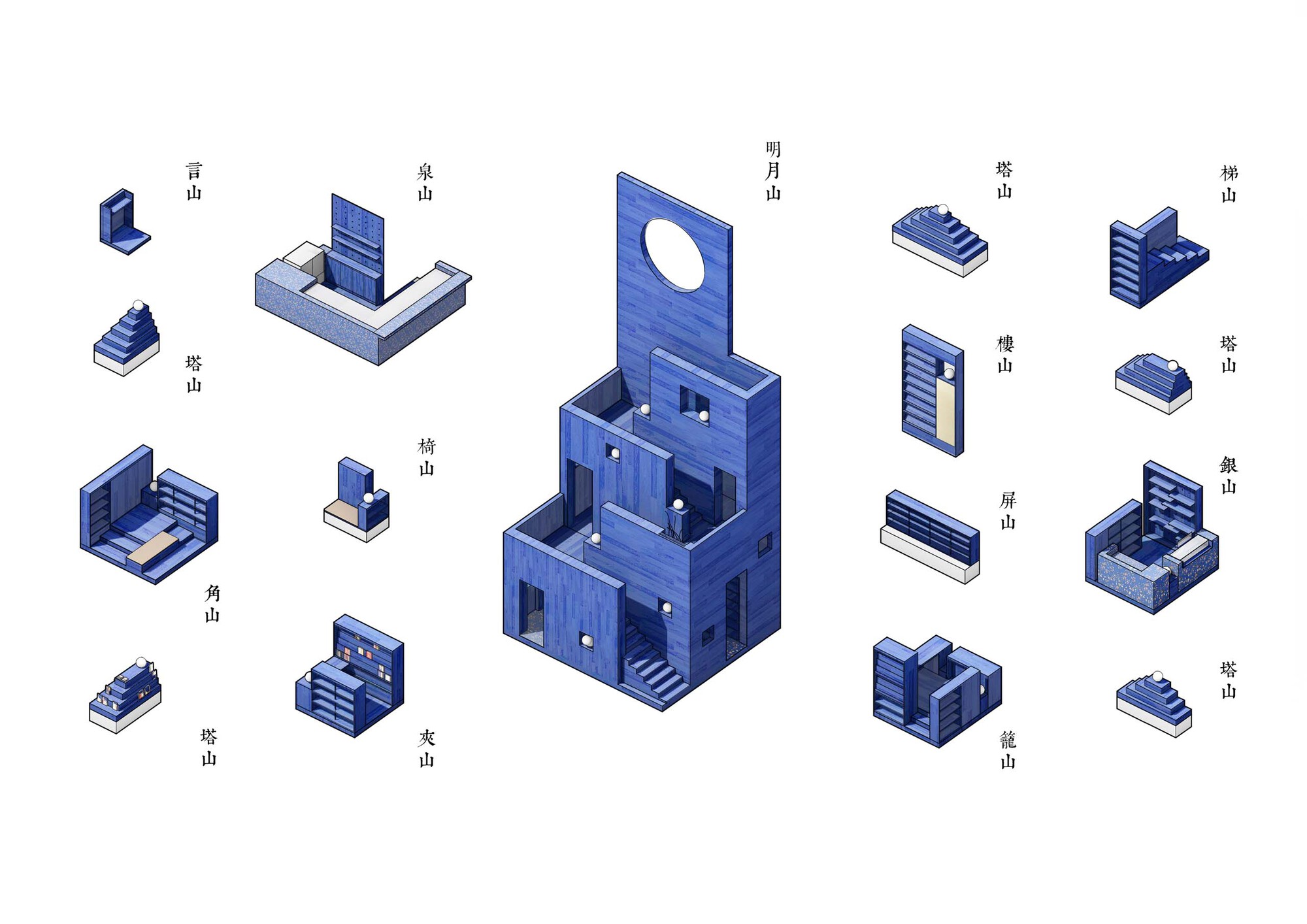 Isometric drawing showing a central tower volume with moon portal surrounded by smaller labeled building components