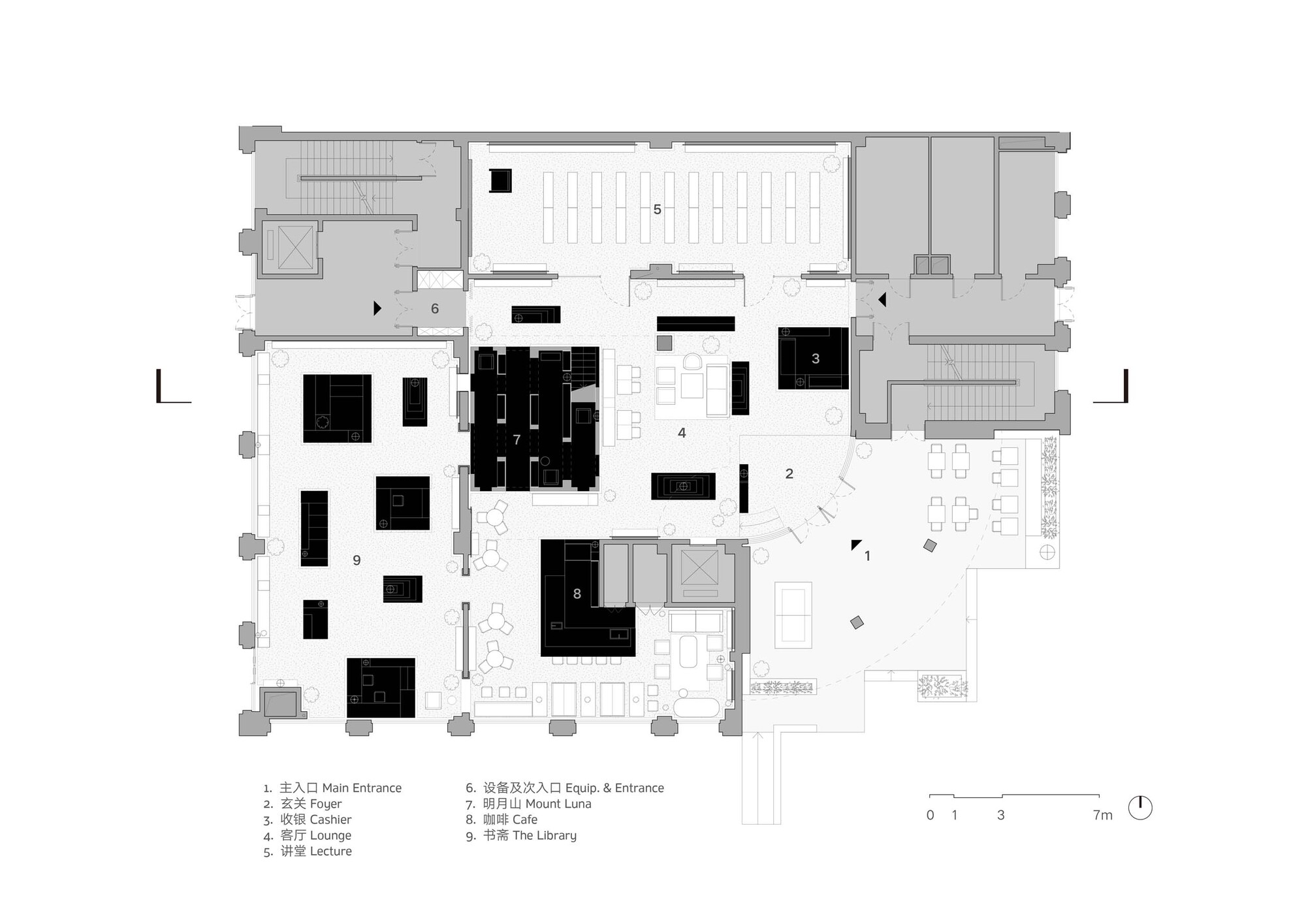 Floor plan drawing showing multiple rooms and circulation spaces with numbered program zones