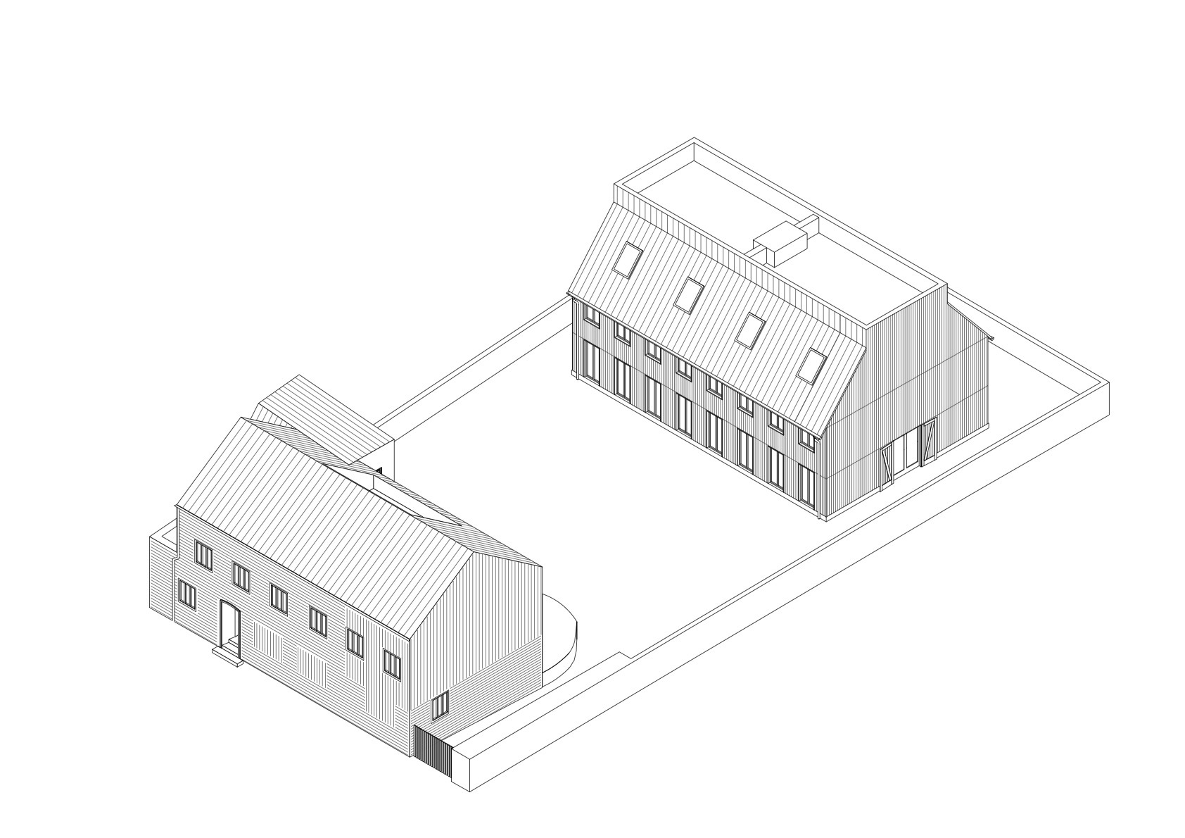 Axonometric drawing showing two gabled volumes arranged around a central courtyard