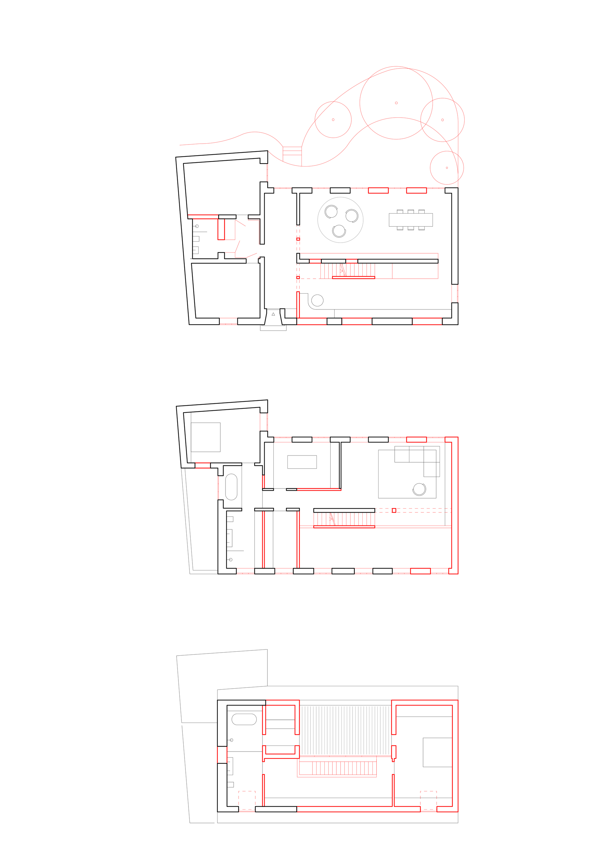 Floor plan drawings showing three levels with highlighted intervention zones in red