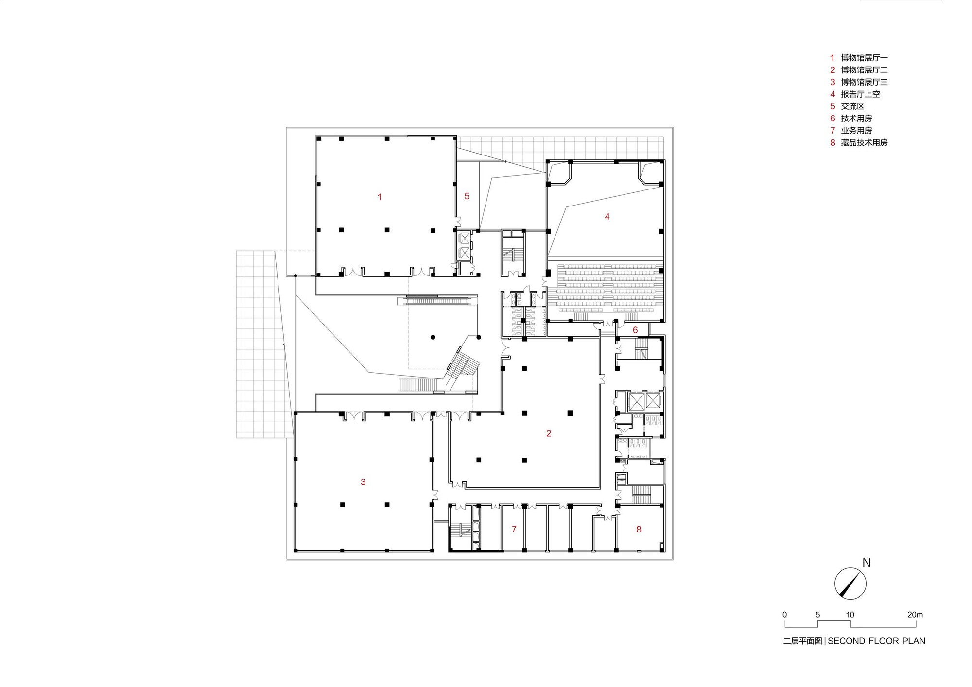 Second floor plan drawing illustrating three main rooms connected by central circulation and service cores