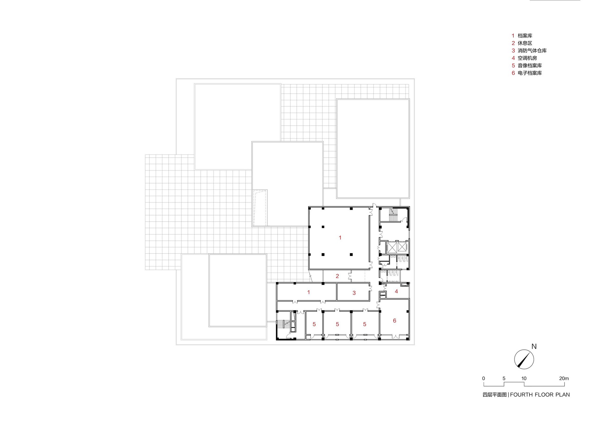 Fourth floor plan drawing showing a central courtyard flanked by rooms and large open terraces