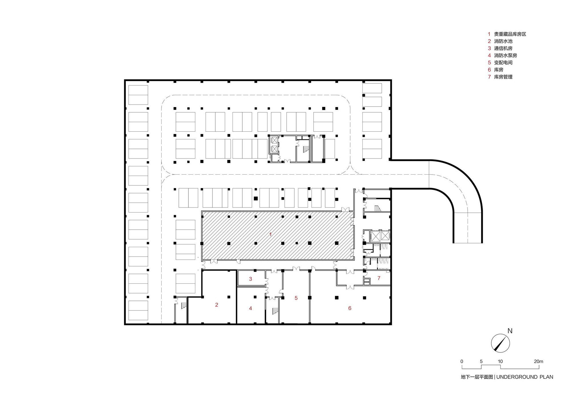Underground plan drawing showing parking areas with columns and service spaces around the perimeter