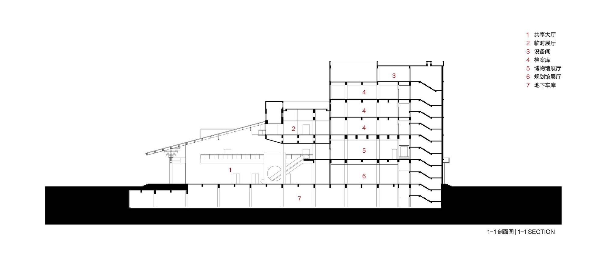 Section drawing showing multilevel interior spaces descending into an underground parking level