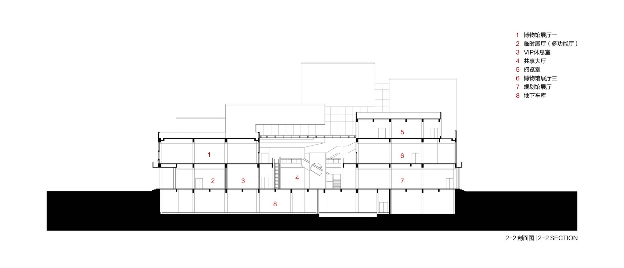 Section drawing showing a multi-level building with stepped volumes and a central atrium space