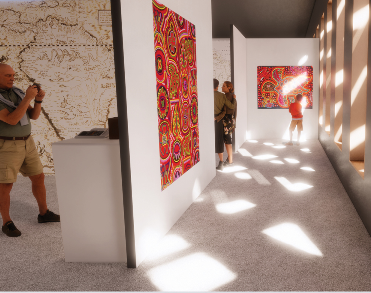 Exhibition gallery showcasing global cultural artifacts within a controlled, light-filtered environment.