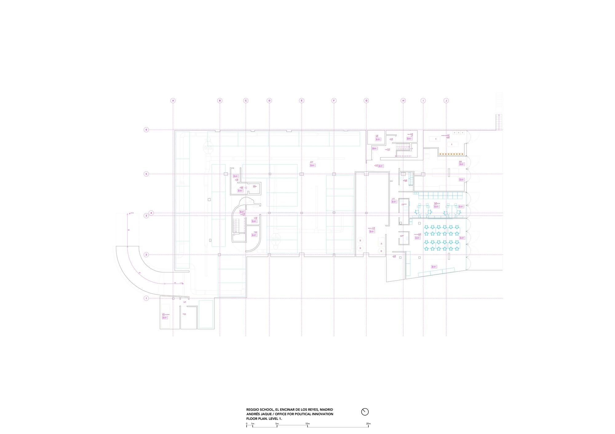 Floor plan drawing showing classroom layout with grid structure and curved service areas