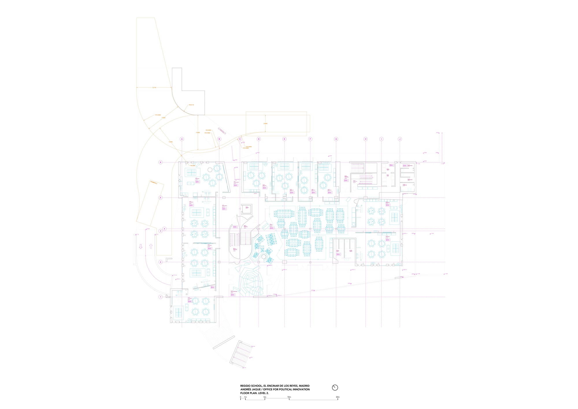 Floor plan drawing depicting classroom arrangement with central circulation core and curved exterior wall