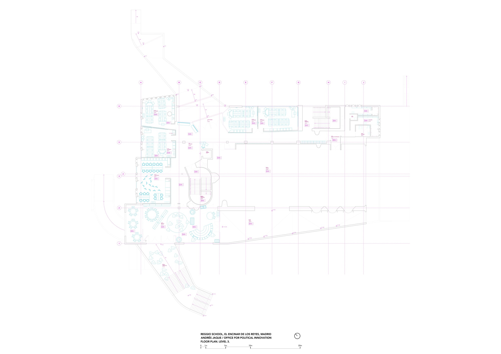 Floor plan drawing showing classrooms with central stair and angled wing extension