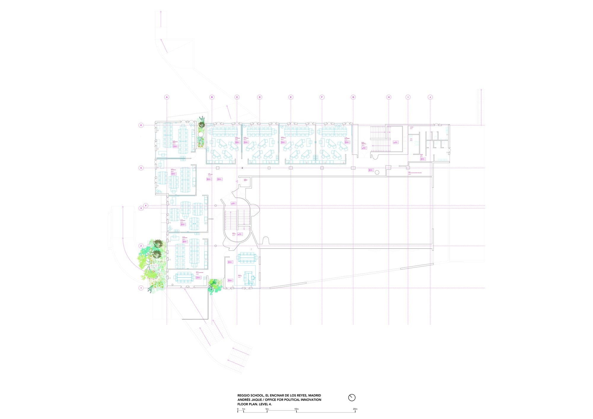 Floor plan drawing with landscaping indicated by green watercolor marks at building corners