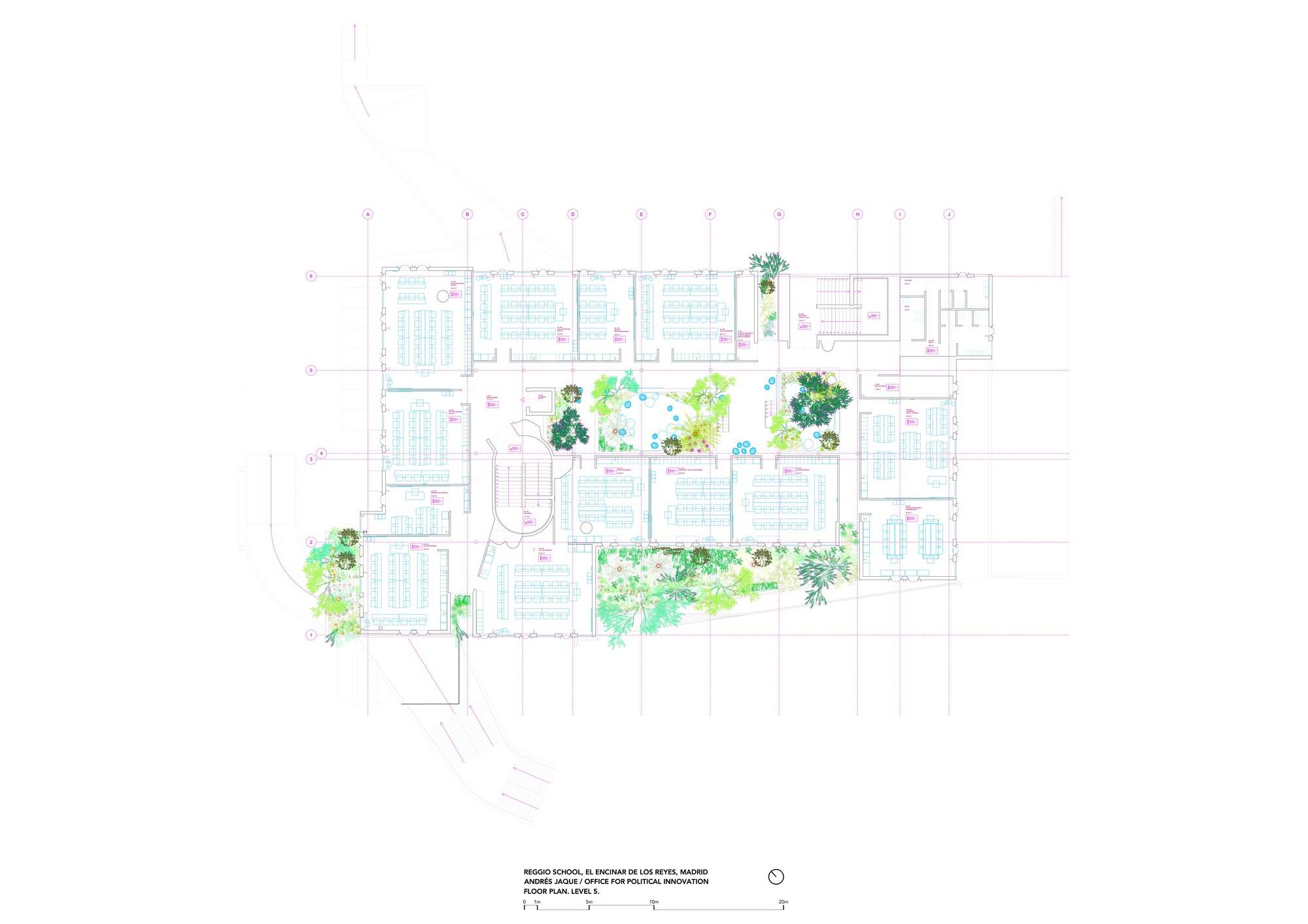 Floor plan drawing featuring interior courtyard with planted areas rendered in green watercolor