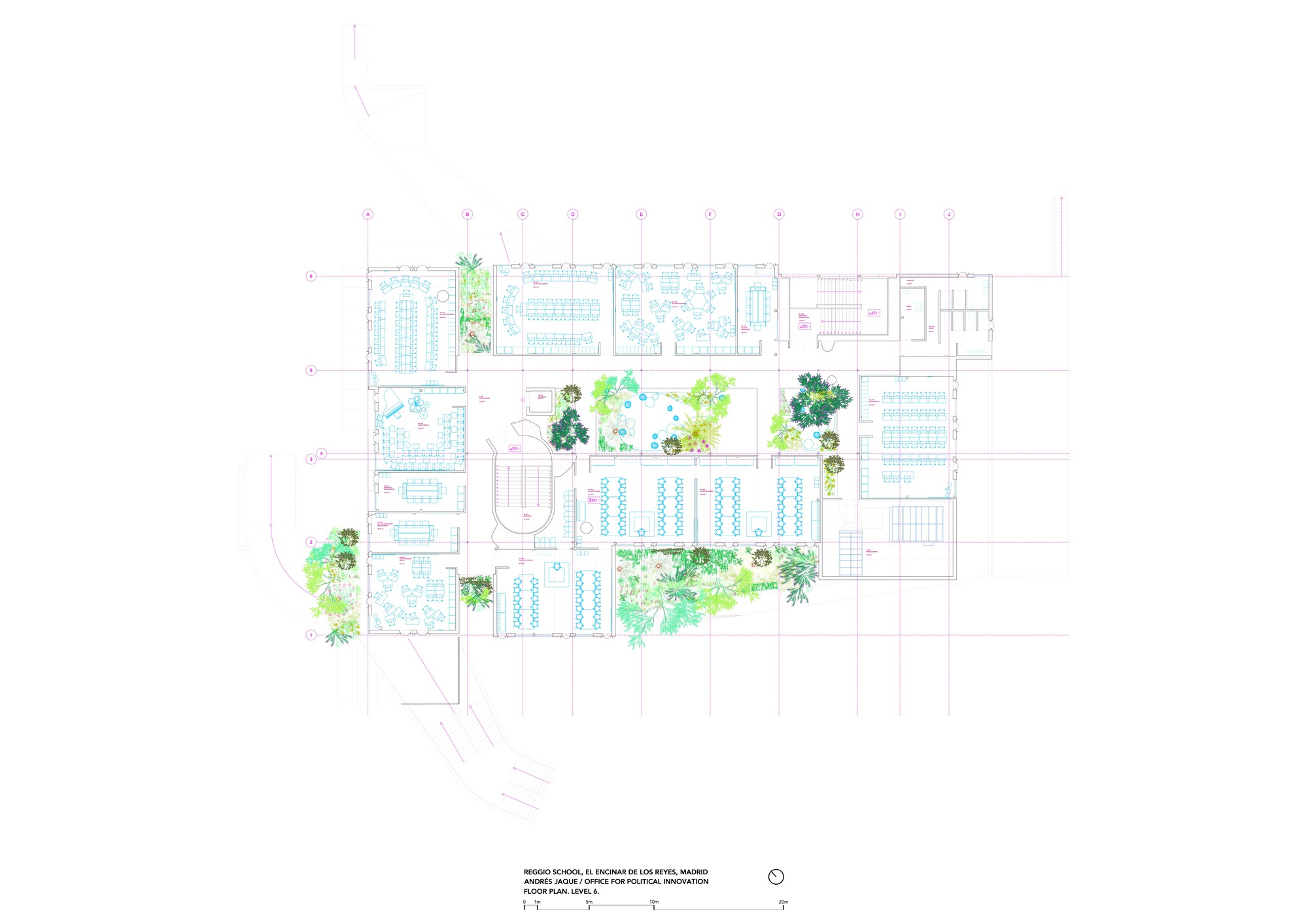 Floor plan drawing showing classroom rows, planted courtyards and circulation corridors in a school building