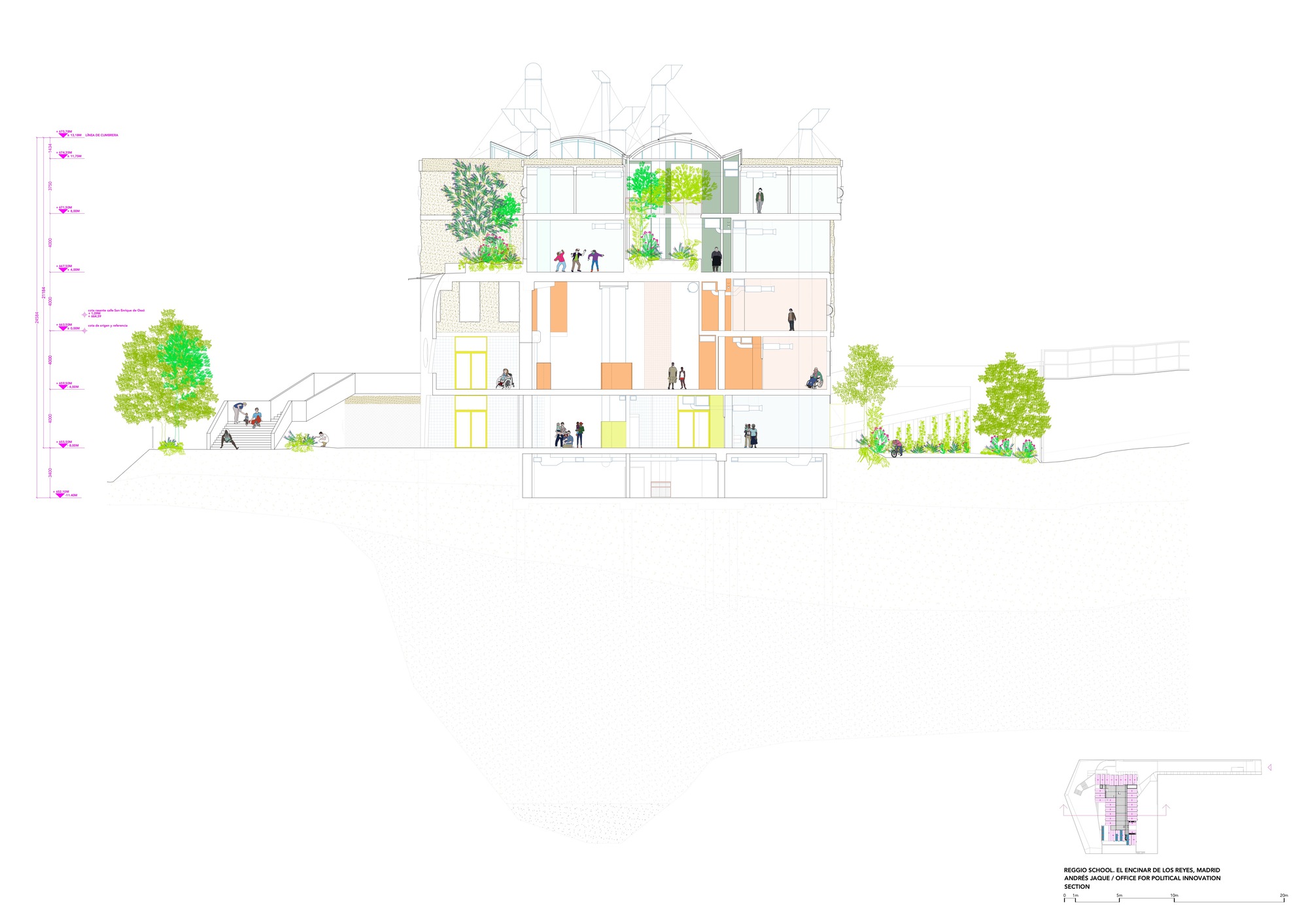 Building section drawing revealing four levels with rooftop gardens, interior spaces and figures throughout