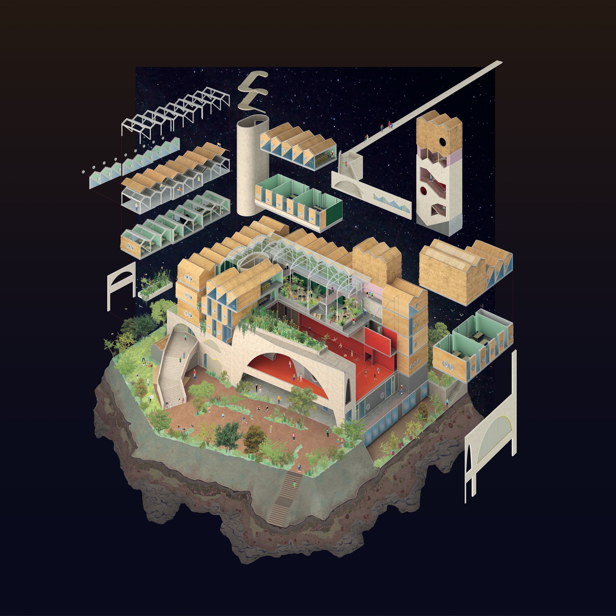 Axonometric drawing of an exploded building assembly showing floors, structural elements and a planted courtyard