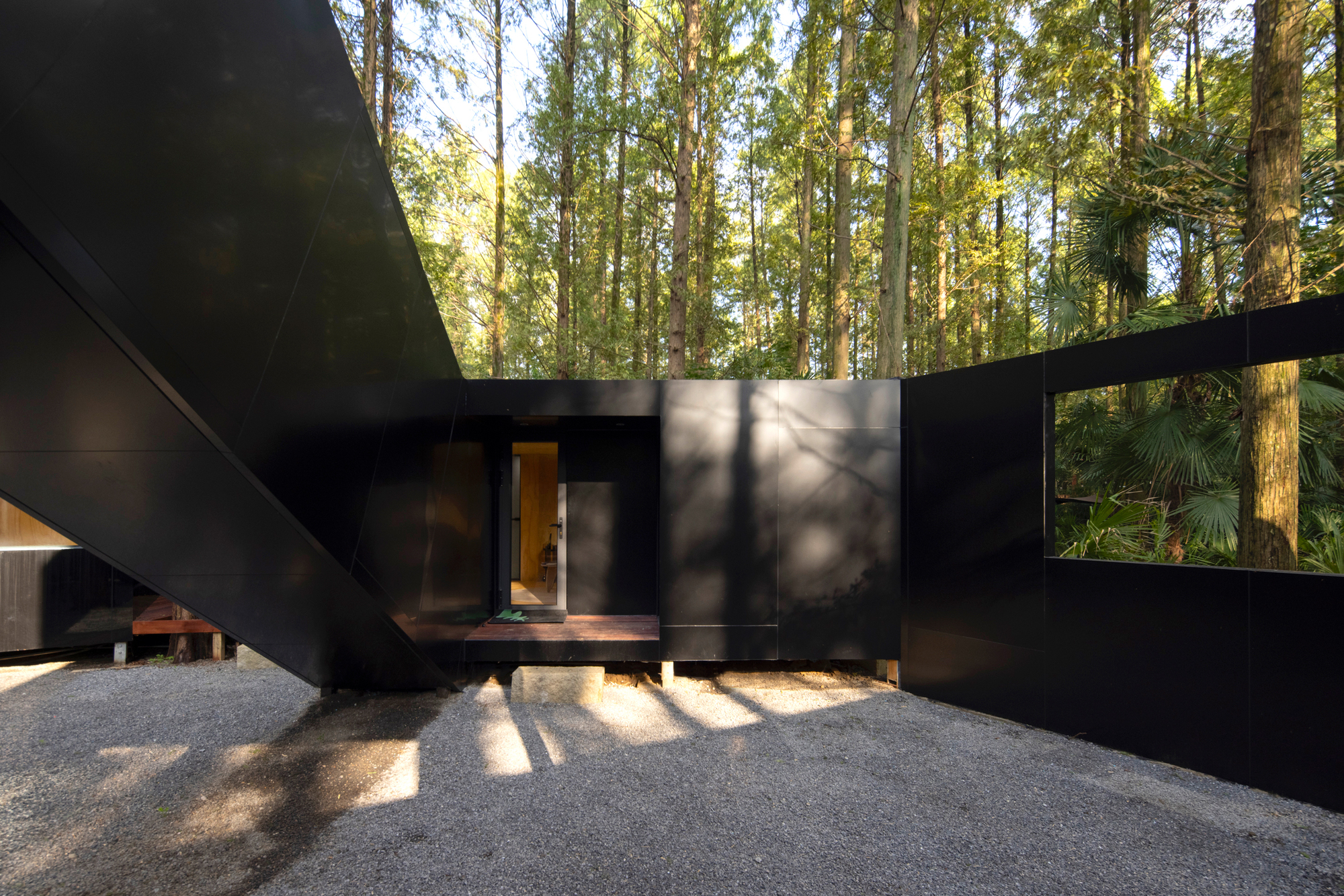 Entry view showing the black metal volume with timber door framed by dappled morning sunlight