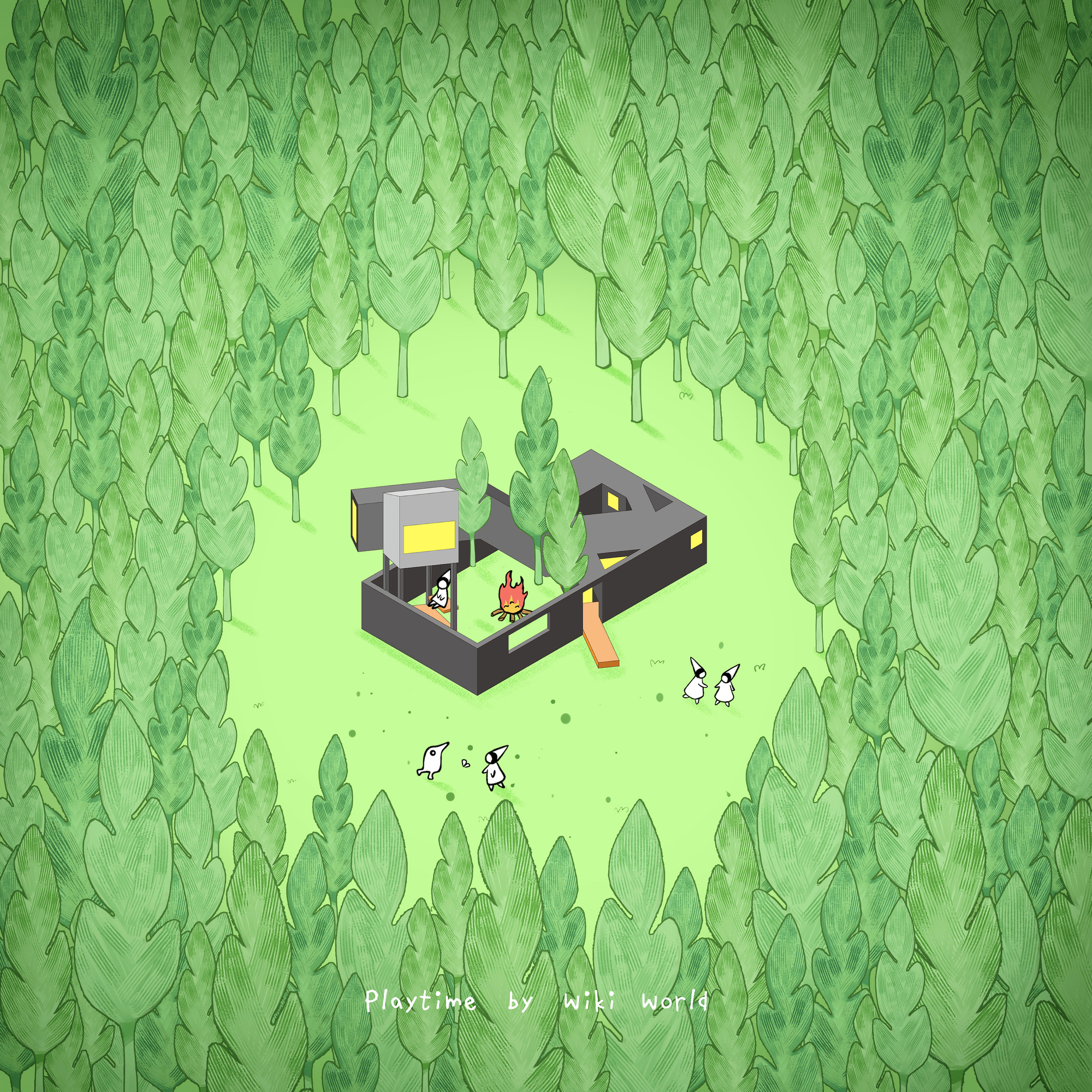 Aerial illustration of clustered dark volumes around a campfire in a forest clearing with scattered wildlife figures