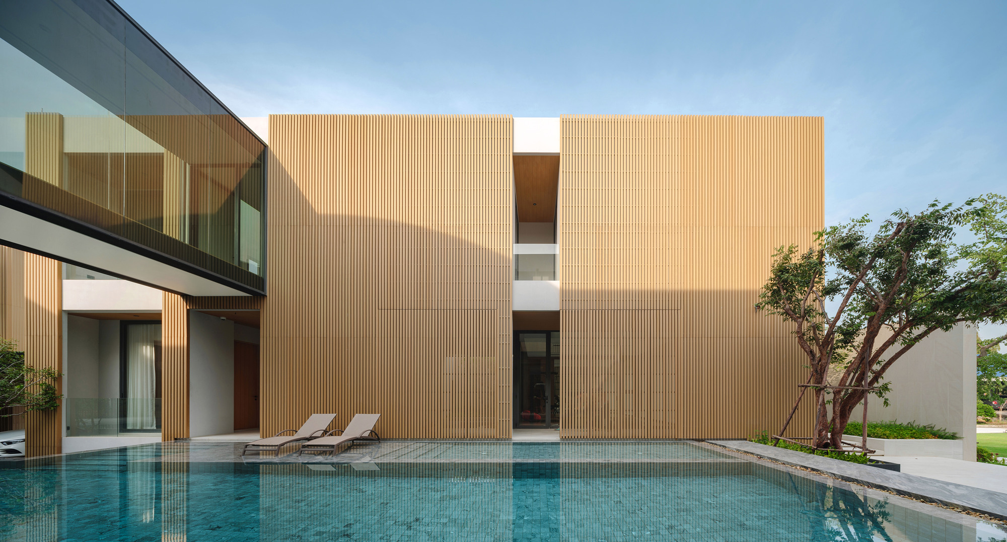 Poolside view of the timber-clad volume with glazed bridge and stucco wall beside a mature tree