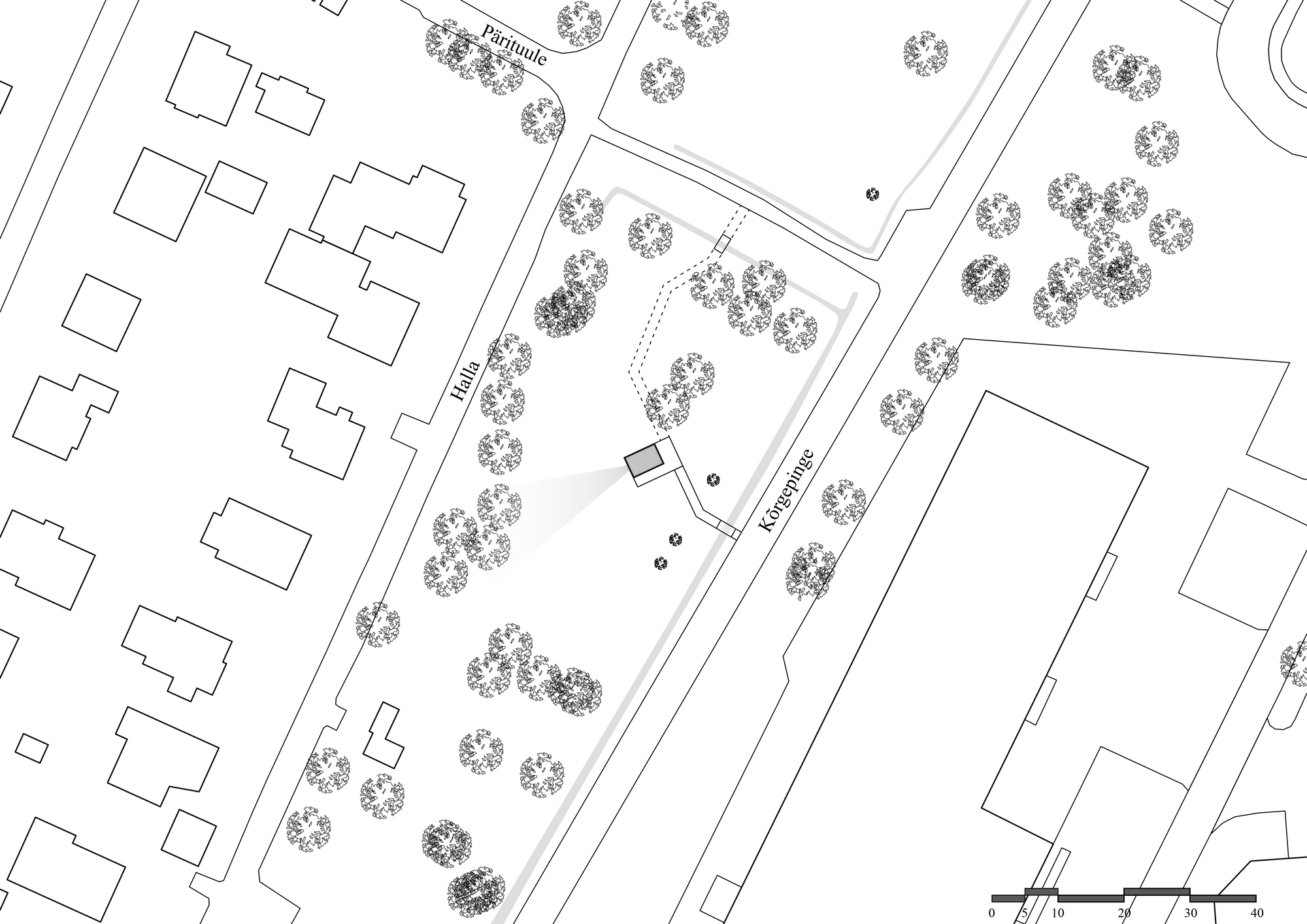 Site plan drawing showing a rectangular structure surrounded by trees and adjacent buildings